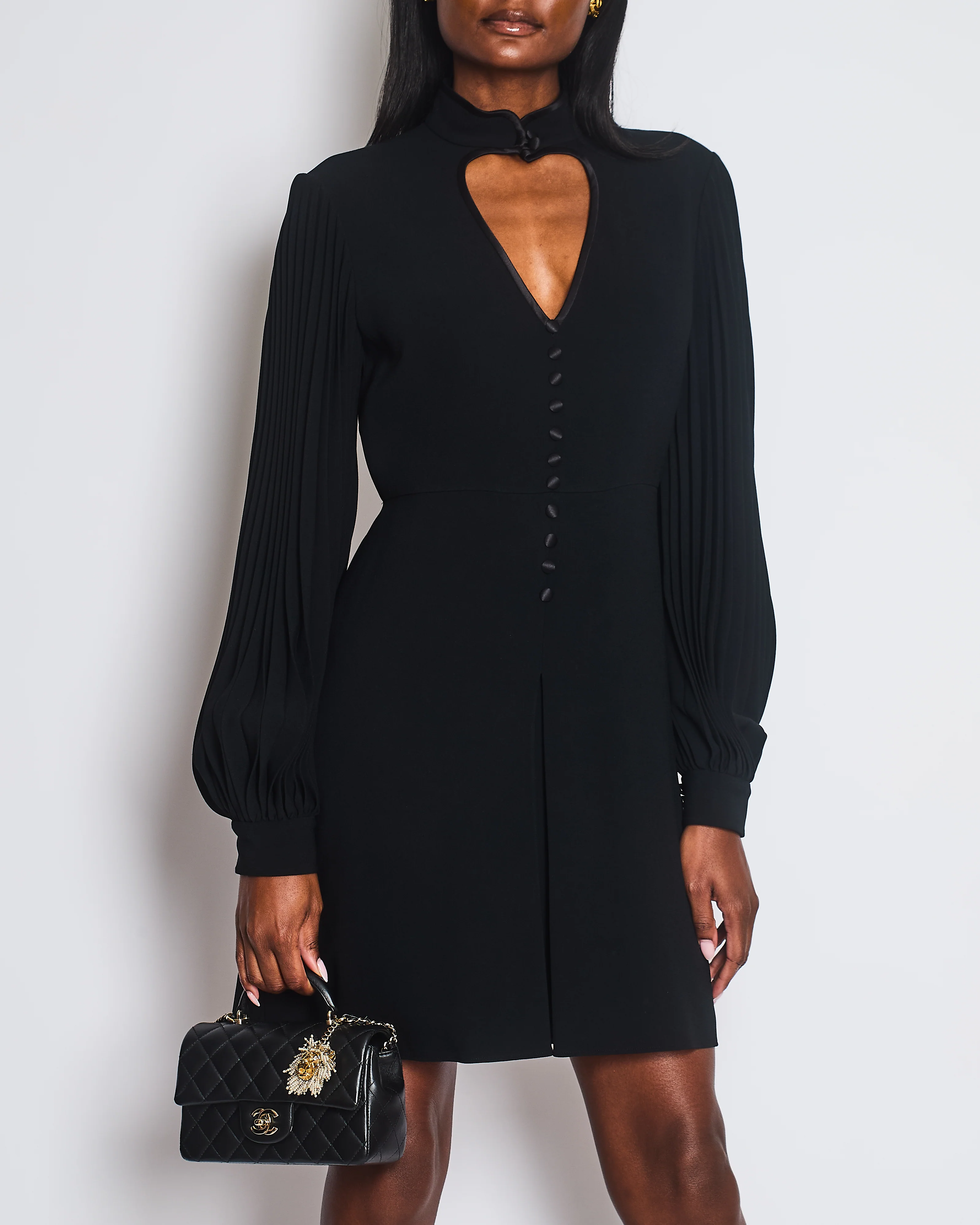 Gucci Black Button Front Dress with Heart Cut-Out Detail and Pleated Sleeve Size IT 42 (UK 10) - Image 3