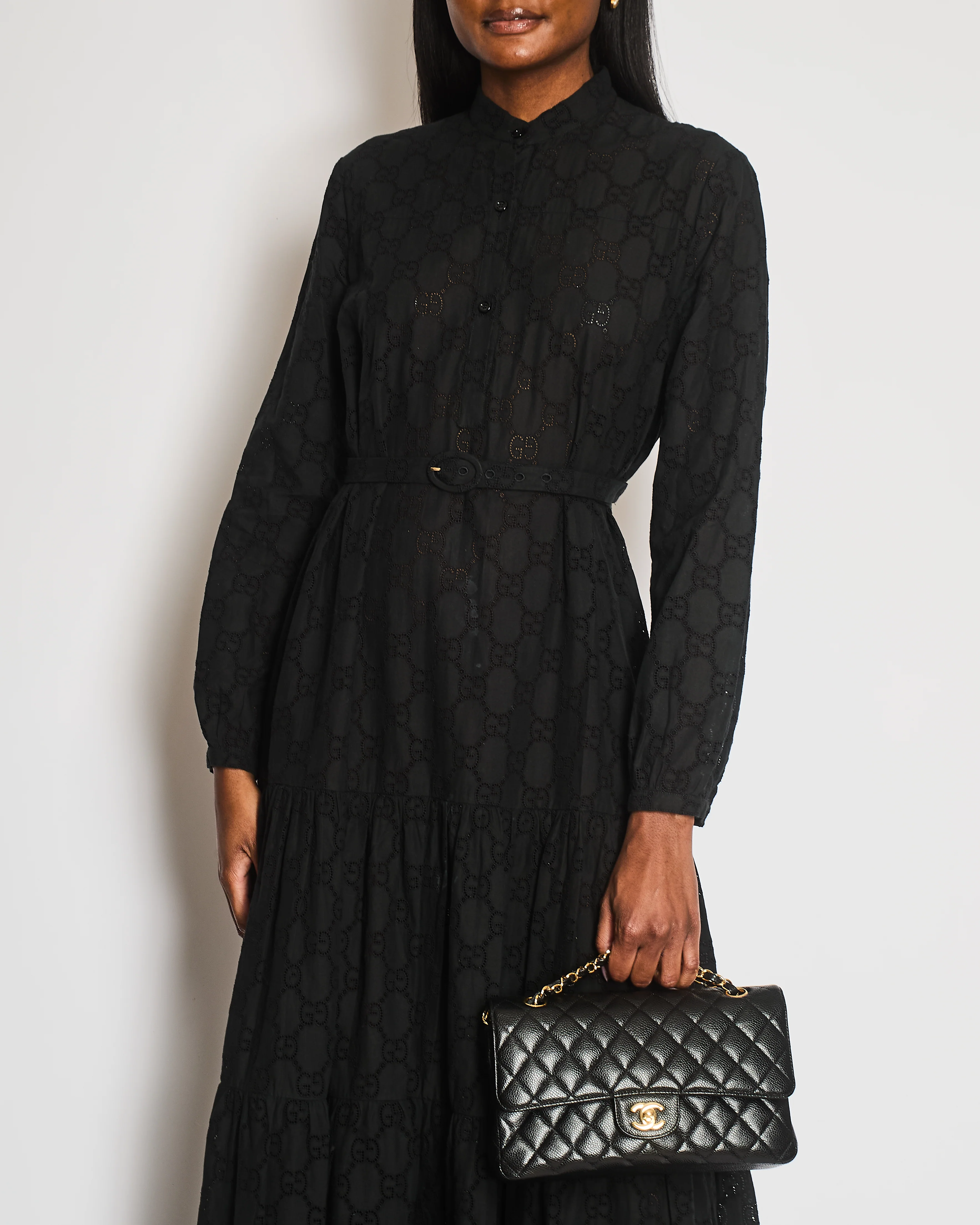 Gucci Black Broderie Anglaise Buttons Front Long Dress with Belt Detail and CC Logo Pattern IT 42 (UK 10) - Image 2