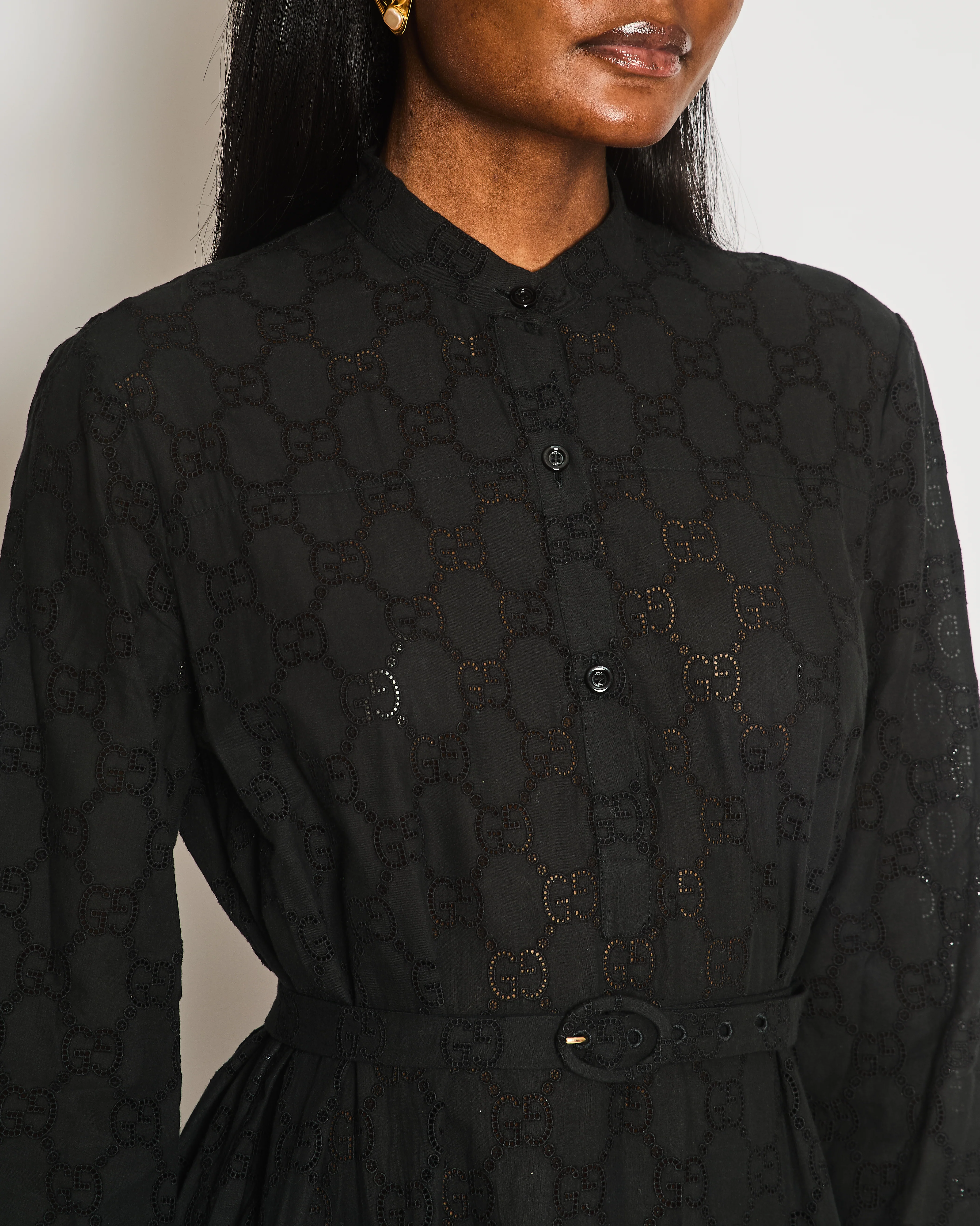 Gucci Black Broderie Anglaise Buttons Front Long Dress with Belt Detail and CC Logo Pattern IT 42 (UK 10) - Image 4