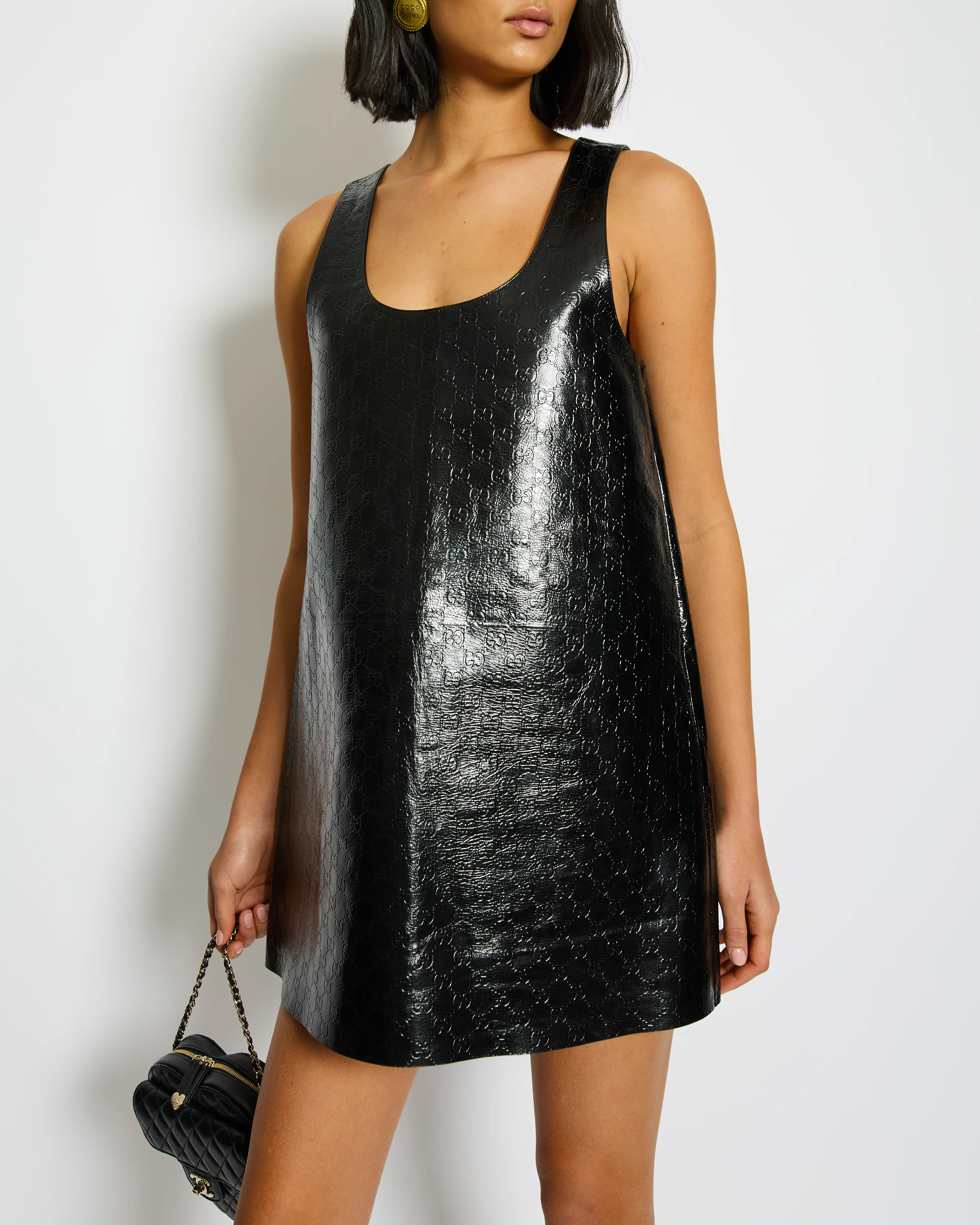Gucci Black Crinkled GG Embossed Patent Leather Sleeveless Mini Dress Size IT 40 (UK 8) - Image 3