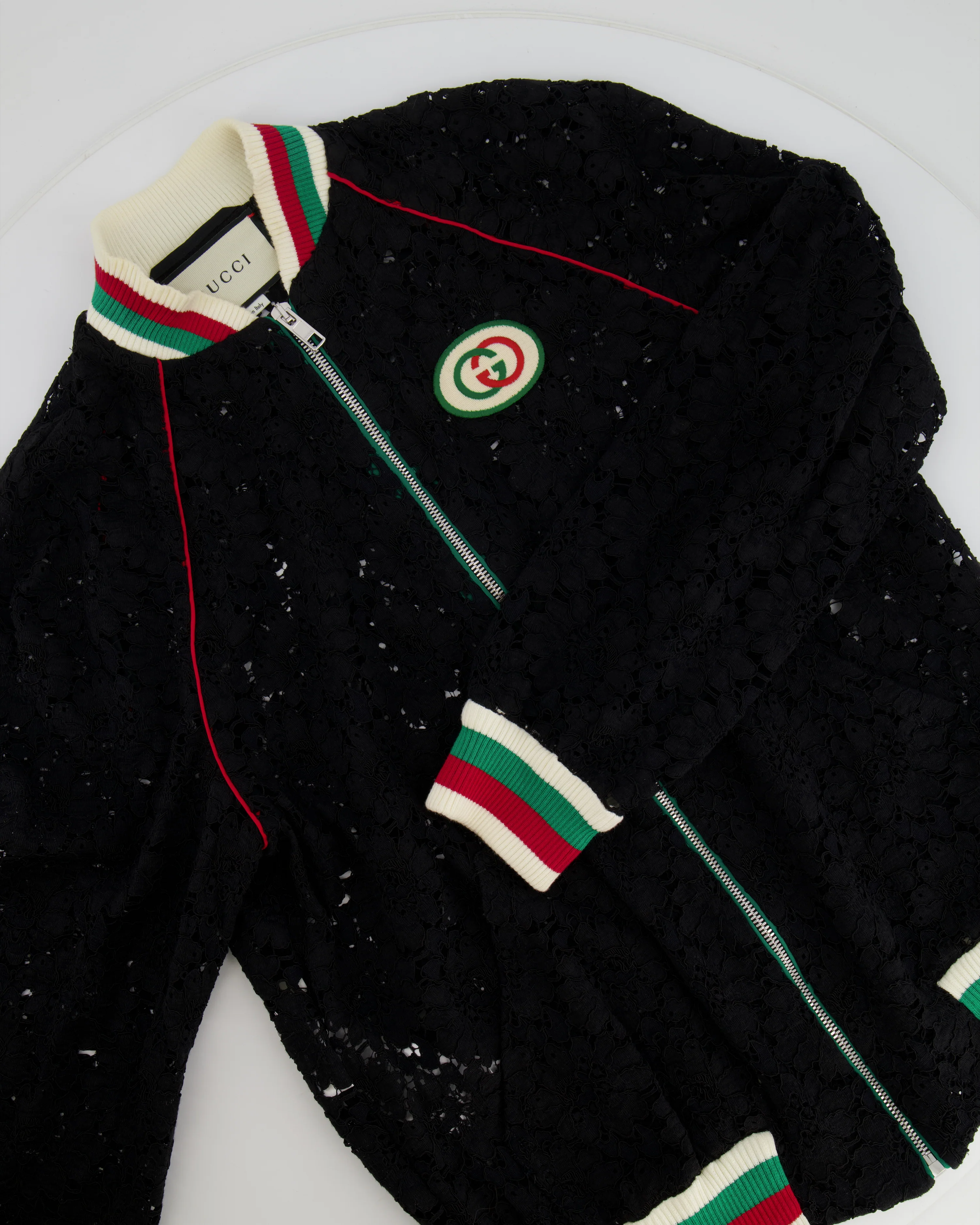 Gucci Black Lace Bomber Jacket with White, Red and Green Knitted Collar and Cuffs and GG Logo Detail Size IT 38 (UK 6) - Image 5