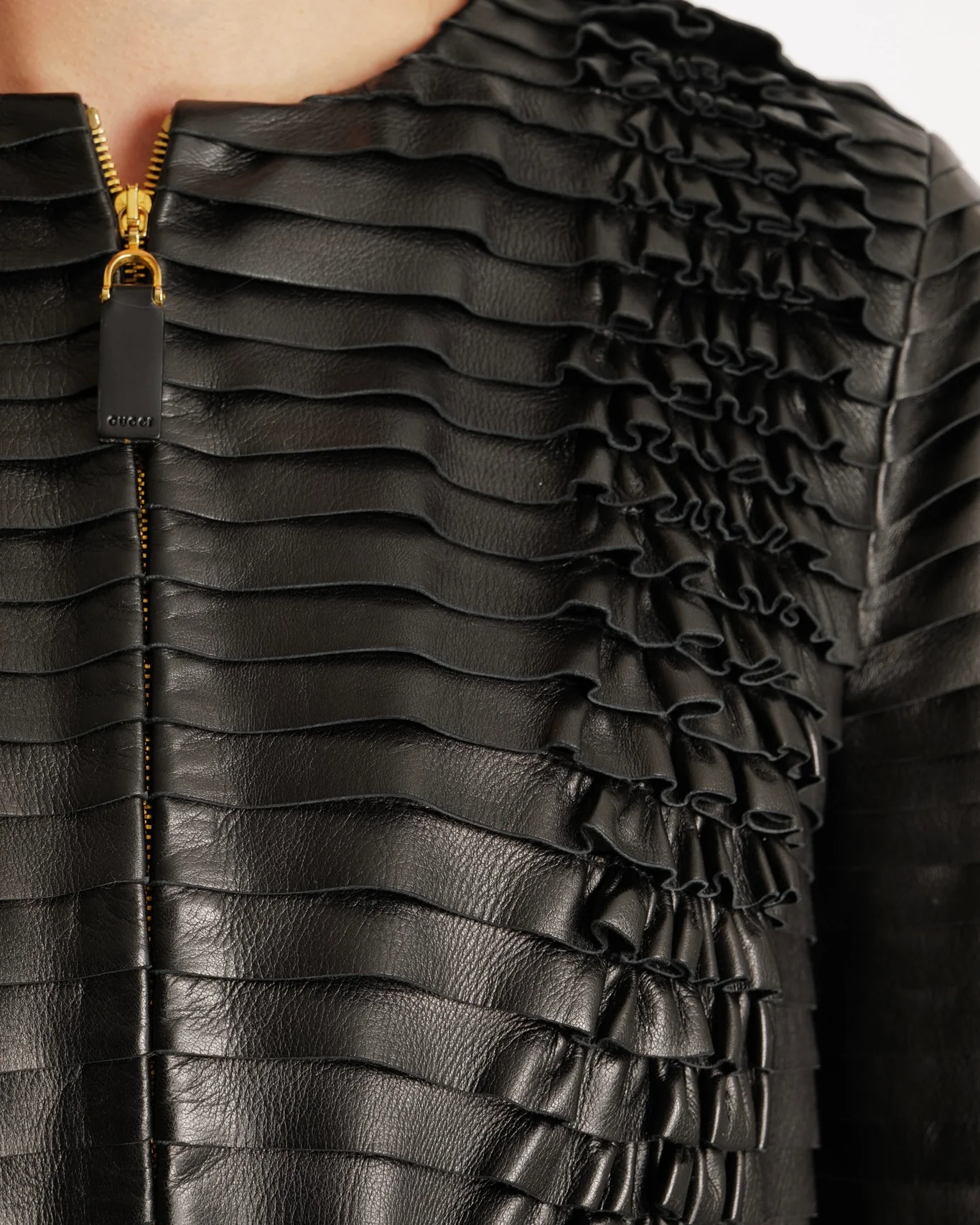 Gucci Black Leather Tiered Long-Sleeved Jacket with Ruffle Details and Gold Zipper Size IT 40 (UK 8) - Image 2