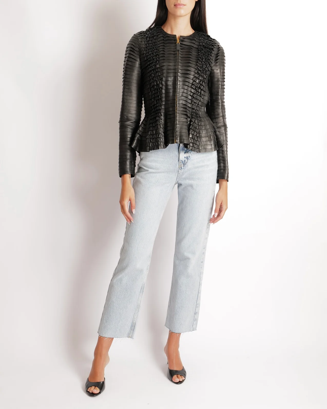 Gucci Black Leather Tiered Long-Sleeved Jacket with Ruffle Details and Gold Zipper Size IT 40 (UK 8) - Image 5