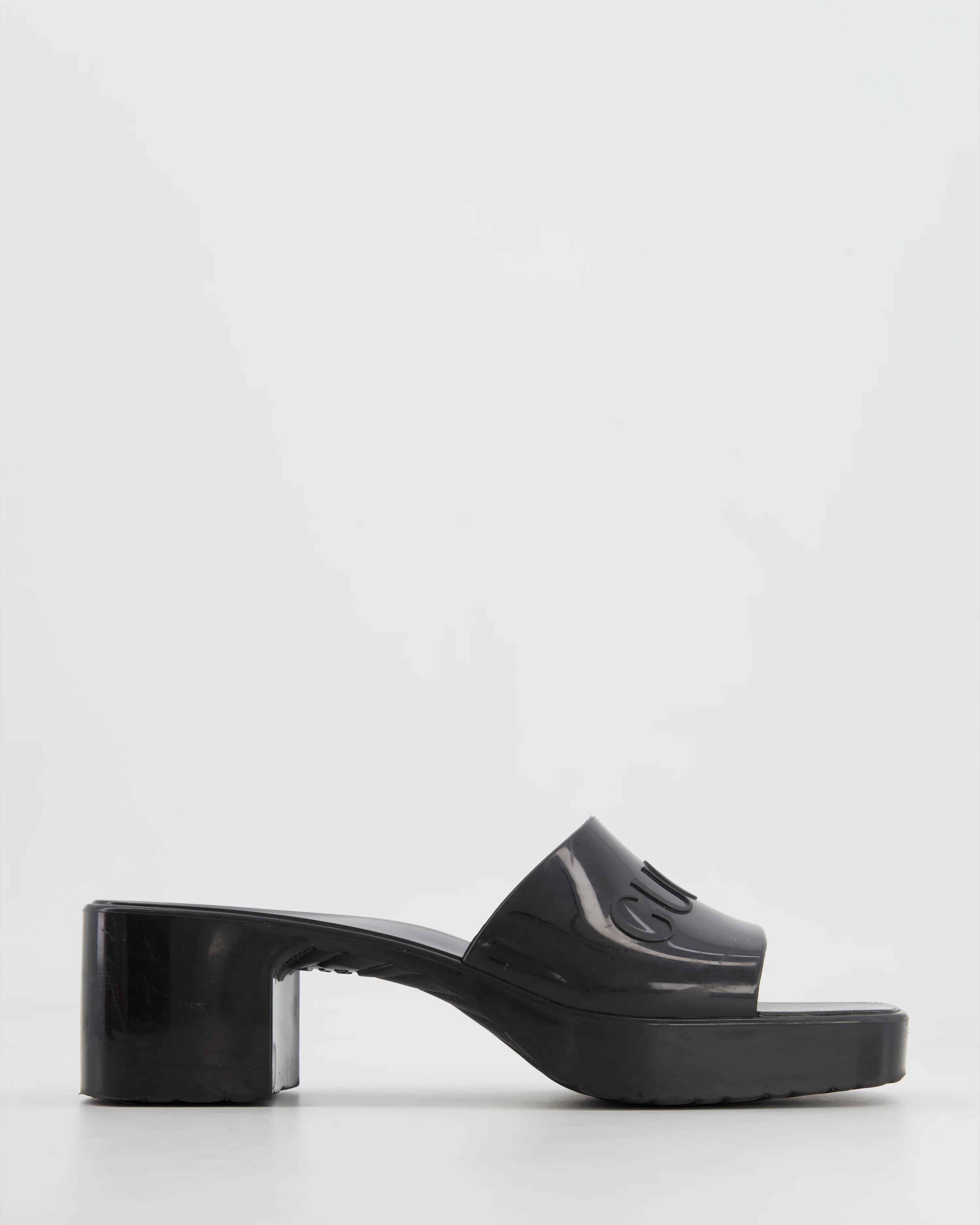 Gucci Black Rubber Heeled Mules with Embossed Logo Size EU 37