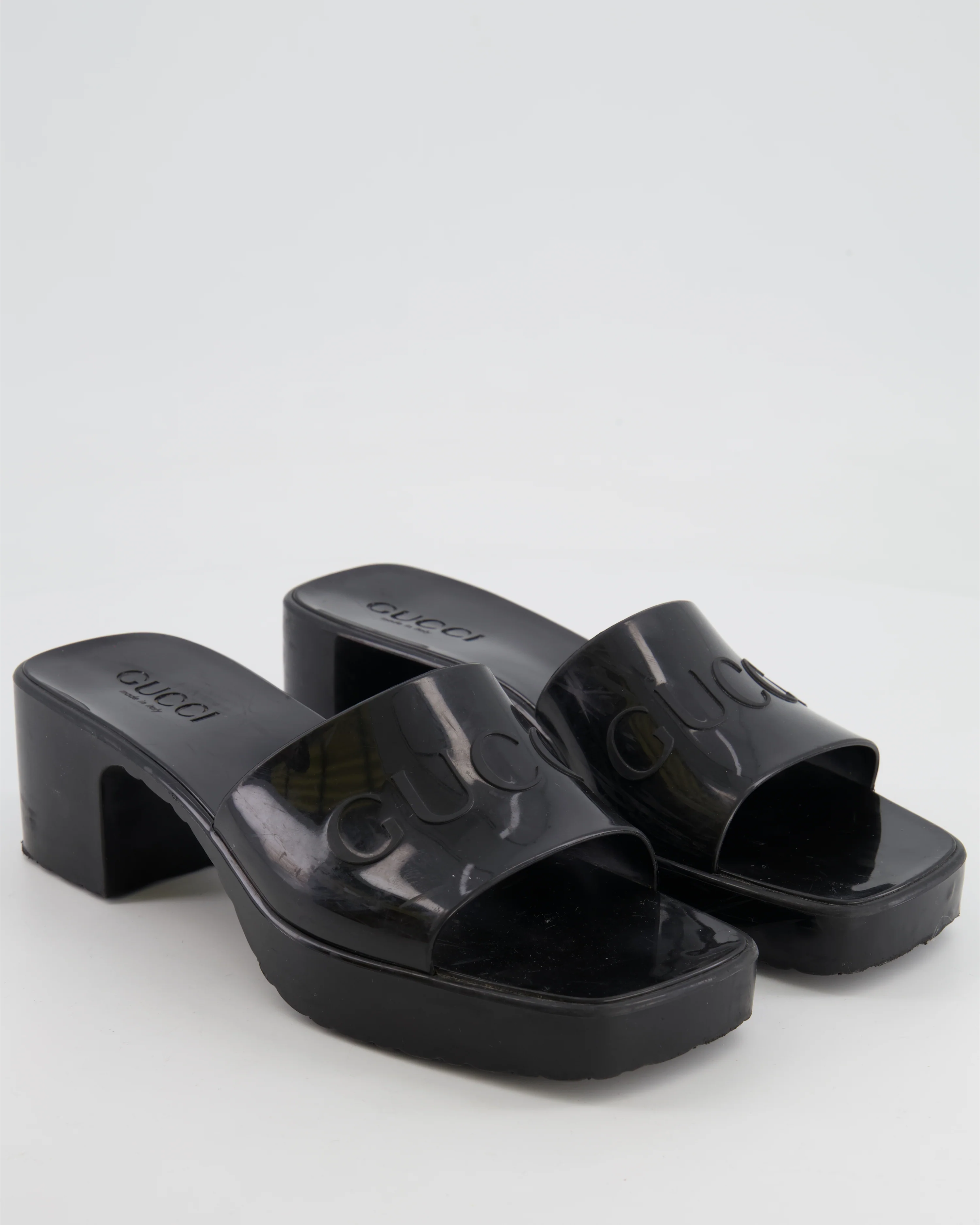 Gucci Black Rubber Heeled Mules with Embossed Logo Size EU 37 - Image 2