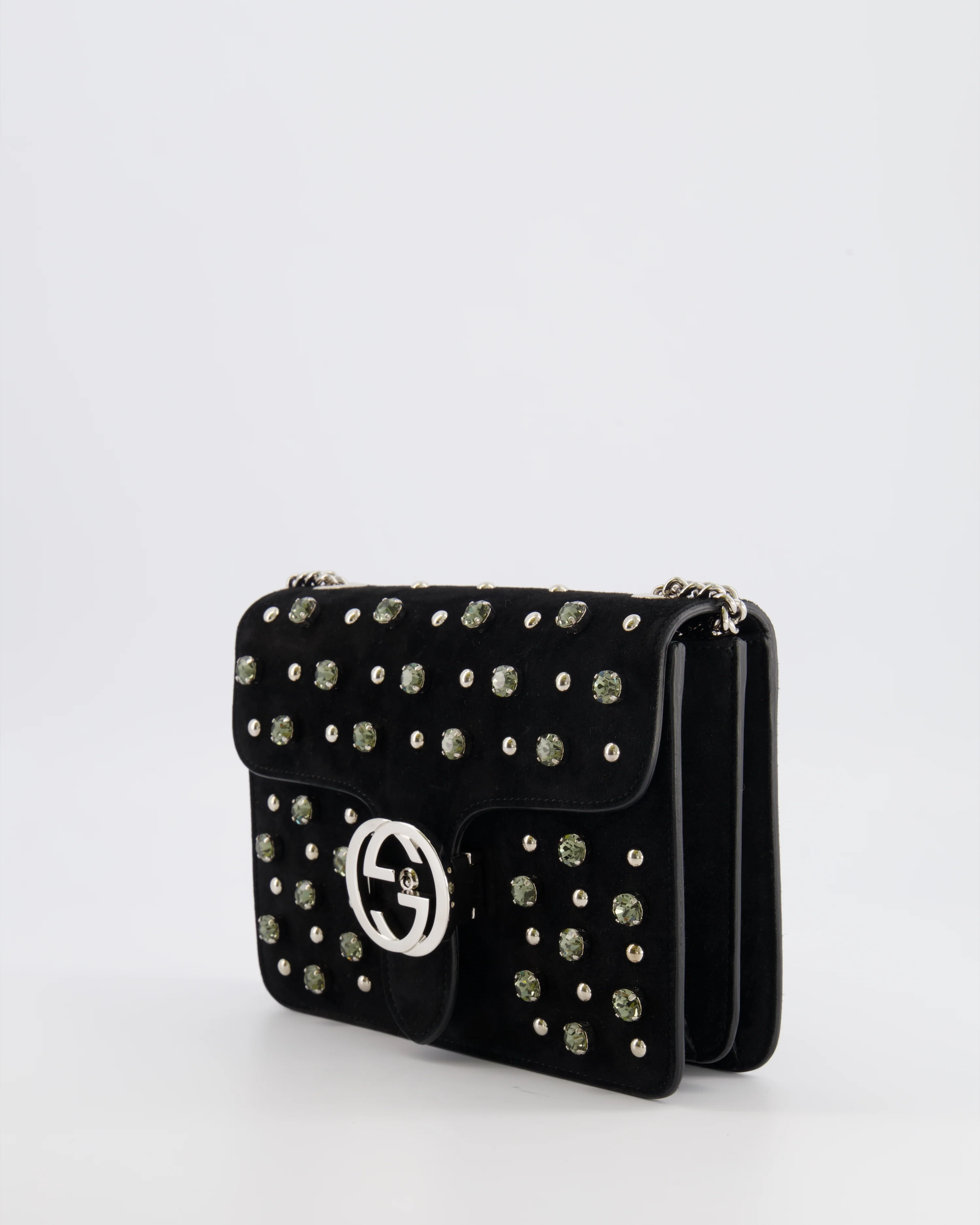 Gucci Black Suede Interlocking G Crystal Crossbody Bag with Silver Studs Embellishments and Silver Hardware - Image 11
