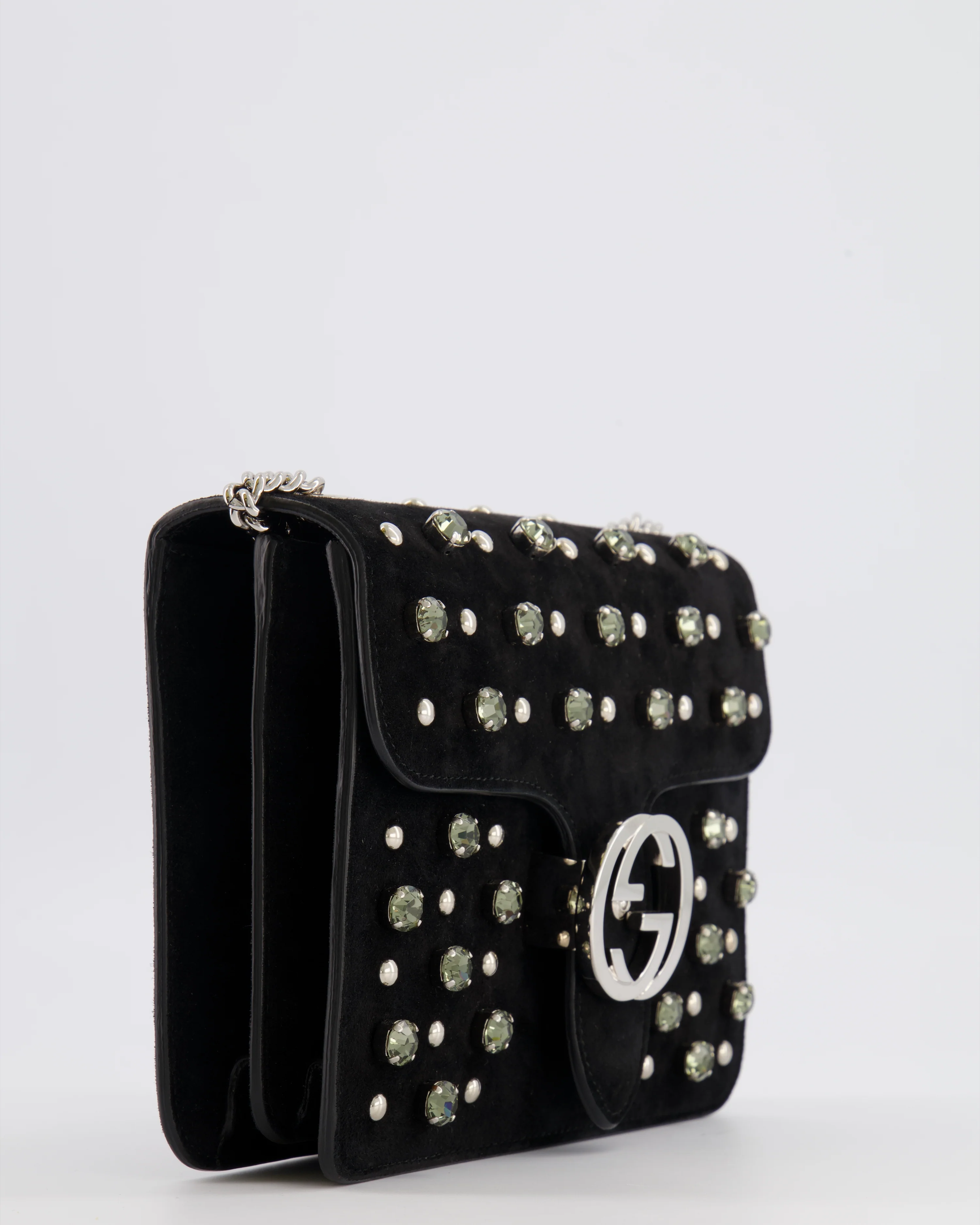 Gucci Black Suede Interlocking G Crystal Crossbody Bag with Silver Studs Embellishments and Silver Hardware - Image 12