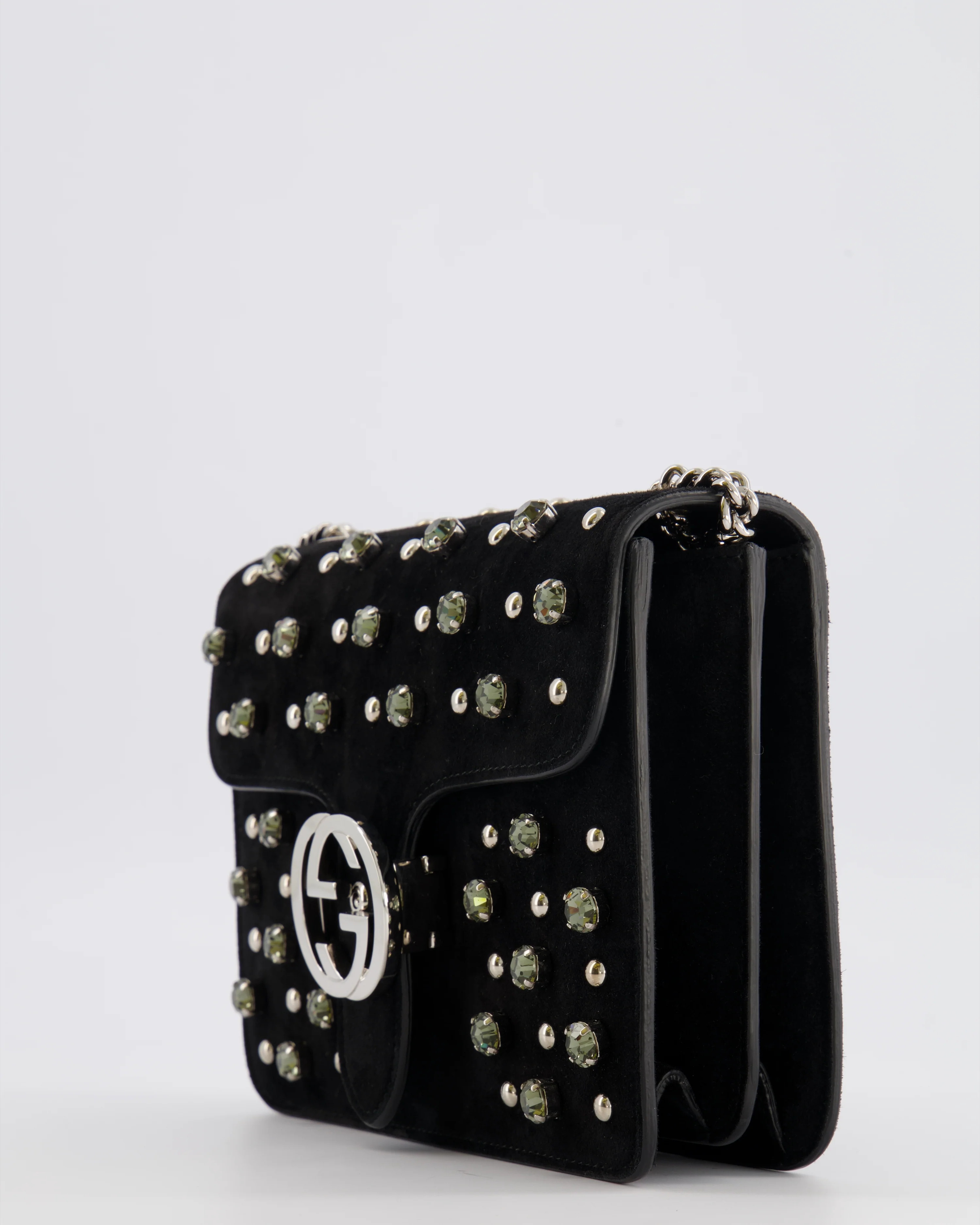 Gucci Black Suede Interlocking G Crystal Crossbody Bag with Silver Studs Embellishments and Silver Hardware - Image 13