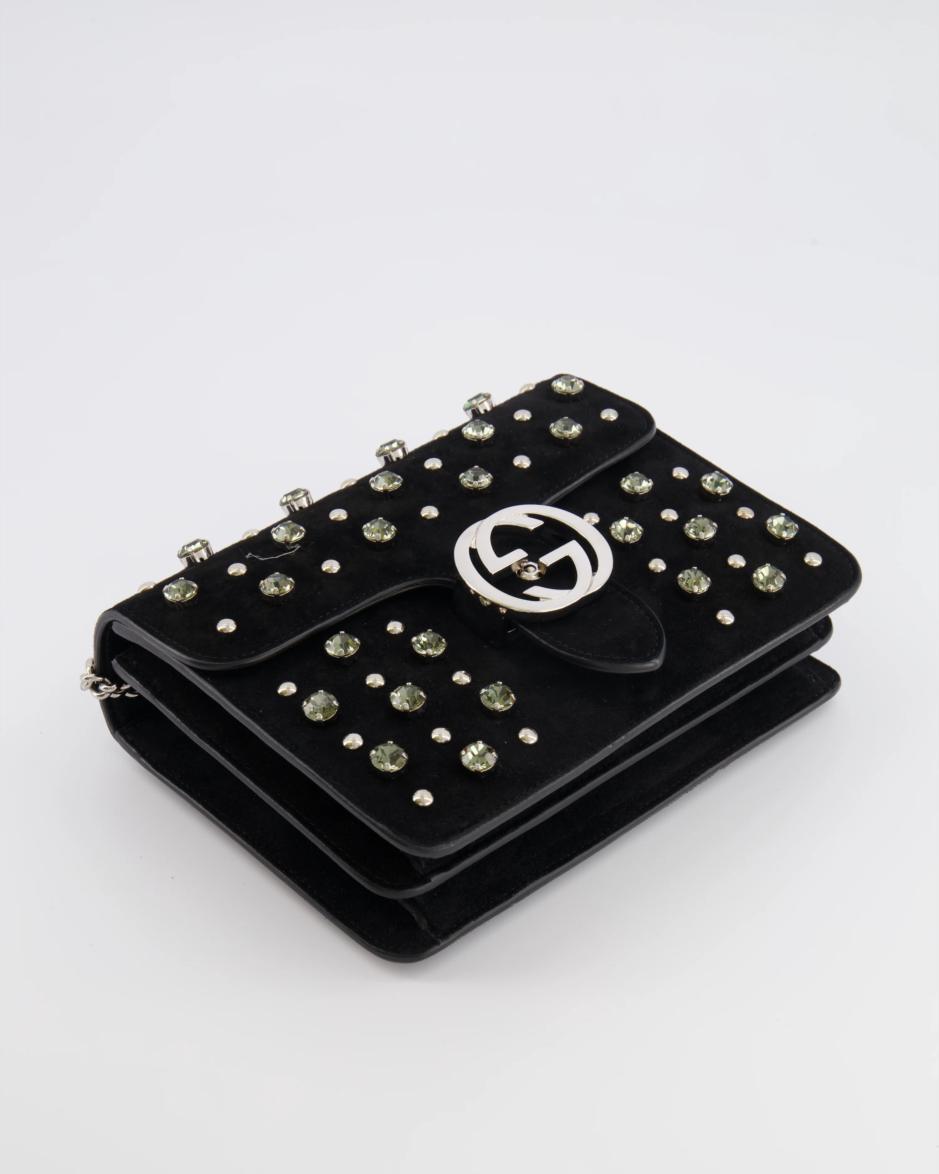 Gucci Black Suede Interlocking G Crystal Crossbody Bag with Silver Studs Embellishments and Silver Hardware - Image 19