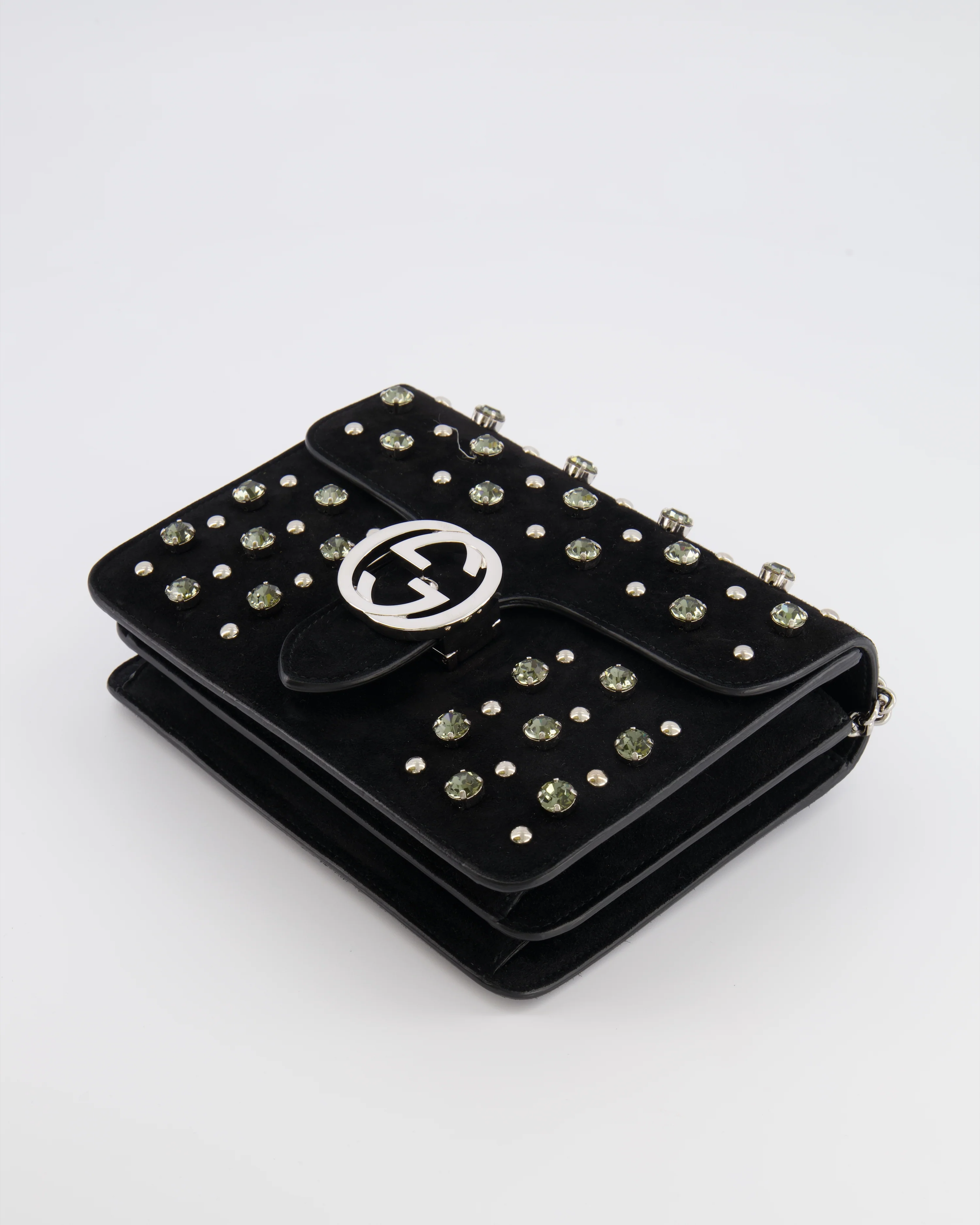 Gucci Black Suede Interlocking G Crystal Crossbody Bag with Silver Studs Embellishments and Silver Hardware - Image 20