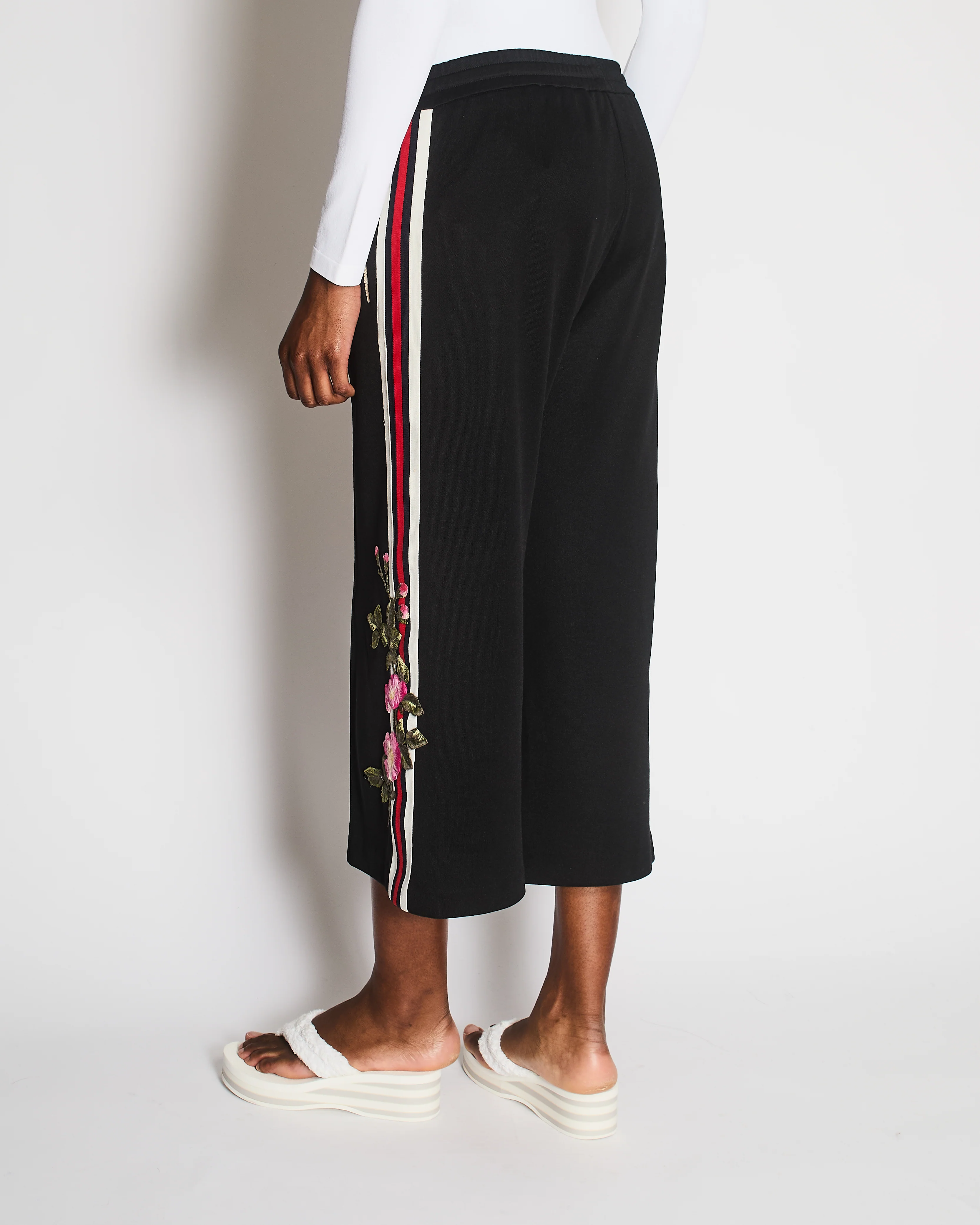 Gucci Black Flower Patch Culottes with Blue, Red and White Stripe Detail and Zipper Pockets Size S (UK 8) - Image 5