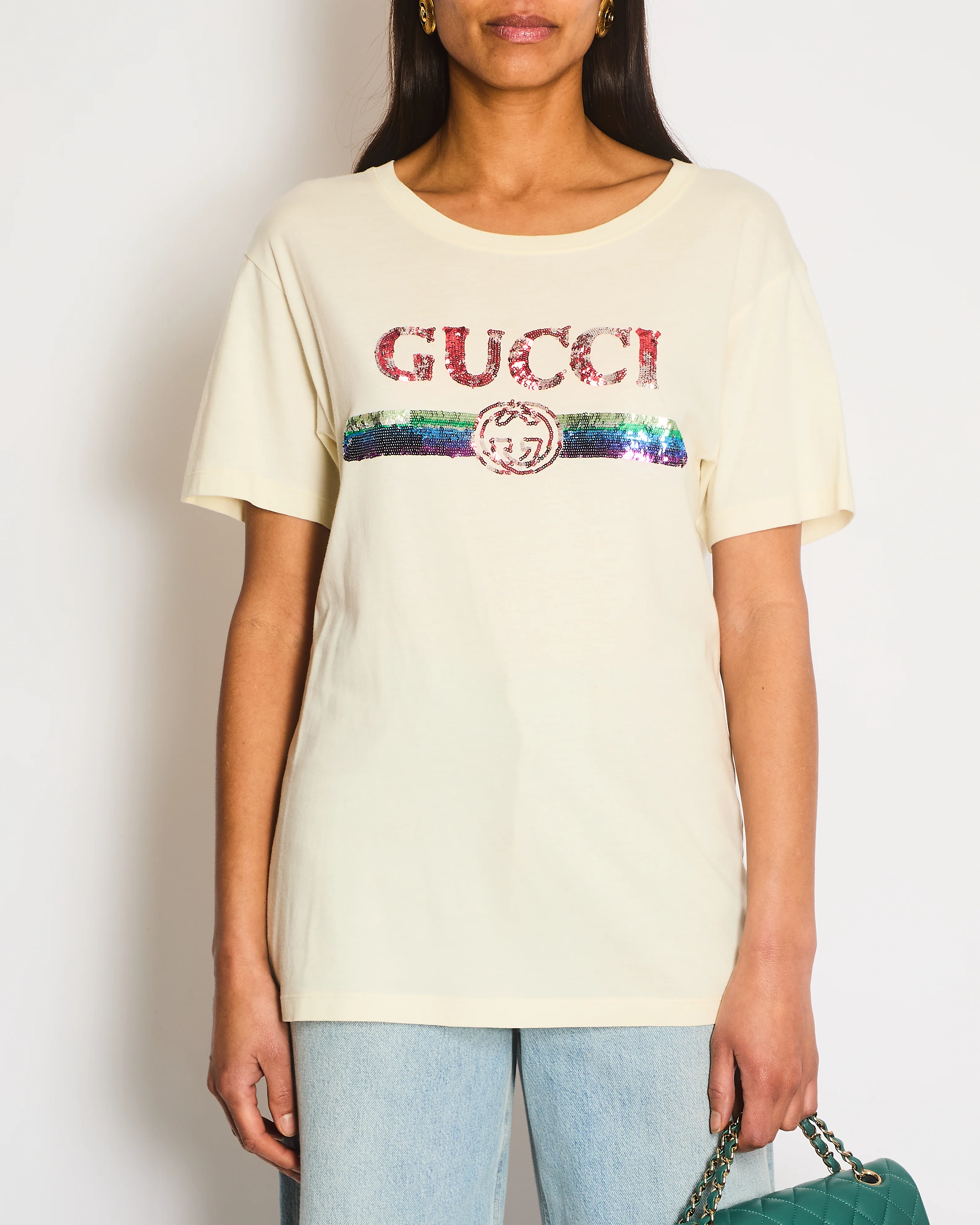 Gucci Cream Glitter Logo Embellished T-Shirt Size XS (UK 6)