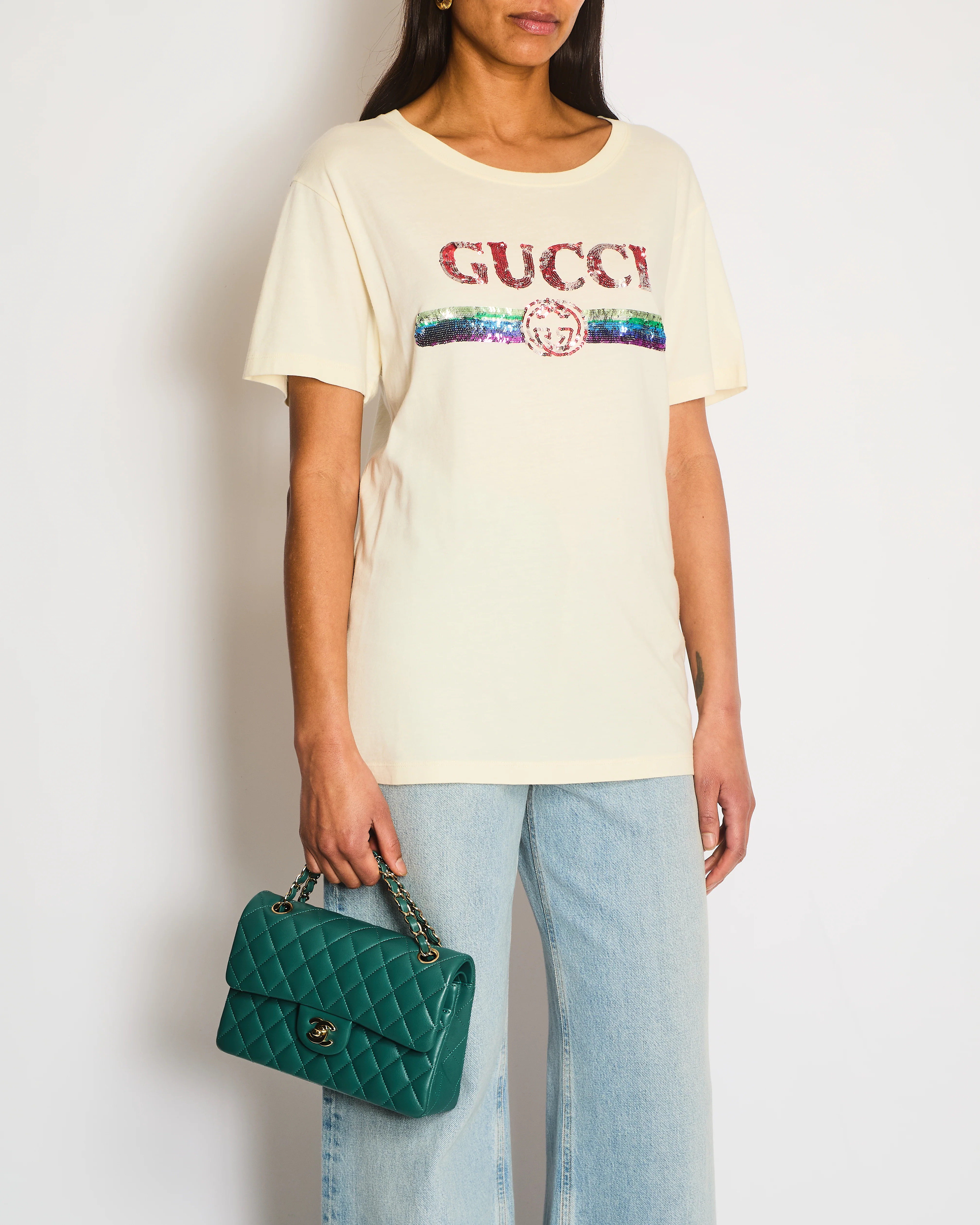 Gucci Cream Glitter Logo Embellished T-Shirt Size XS (UK 6) - Image 2