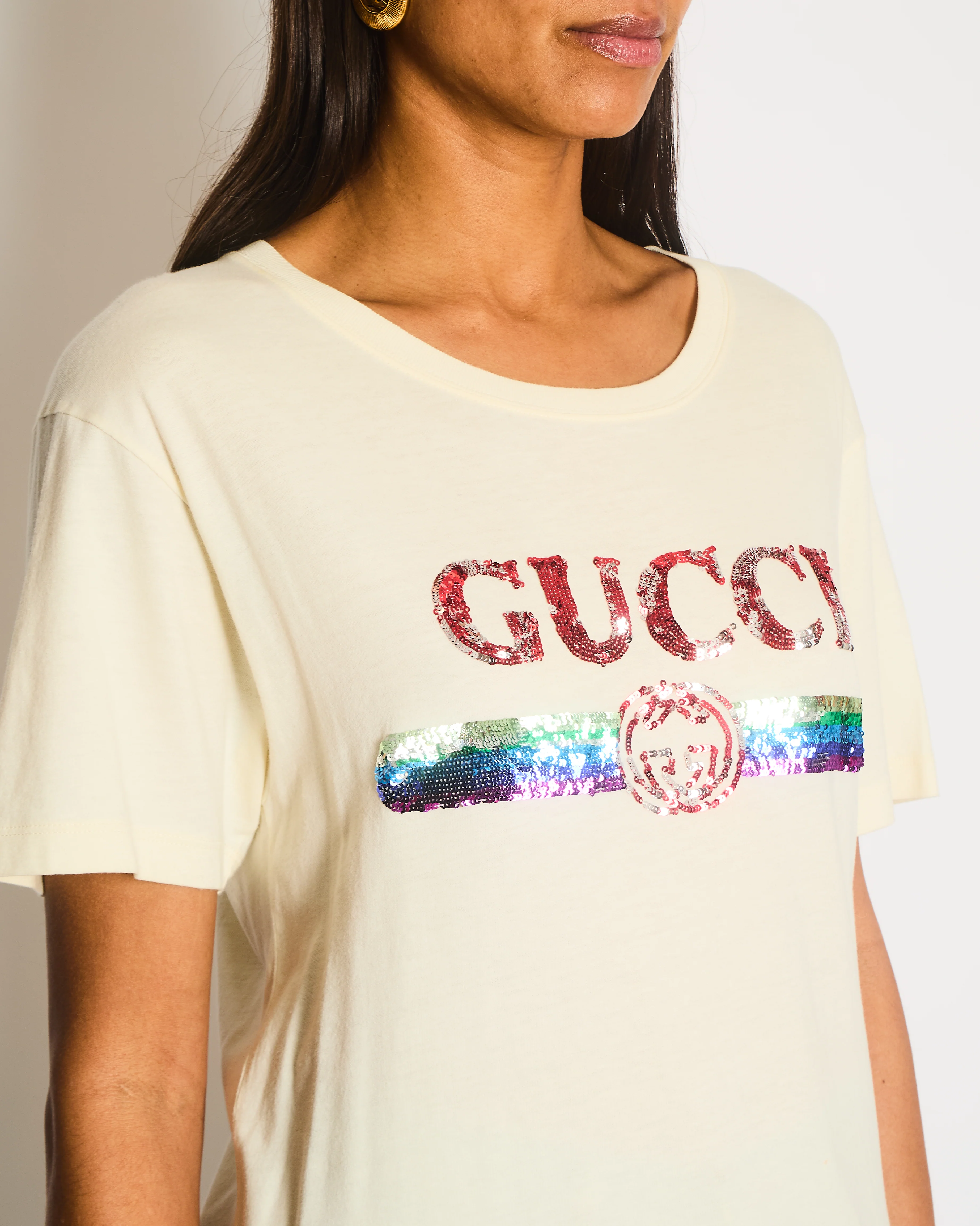 Gucci Cream Glitter Logo Embellished T-Shirt Size XS (UK 6) - Image 3