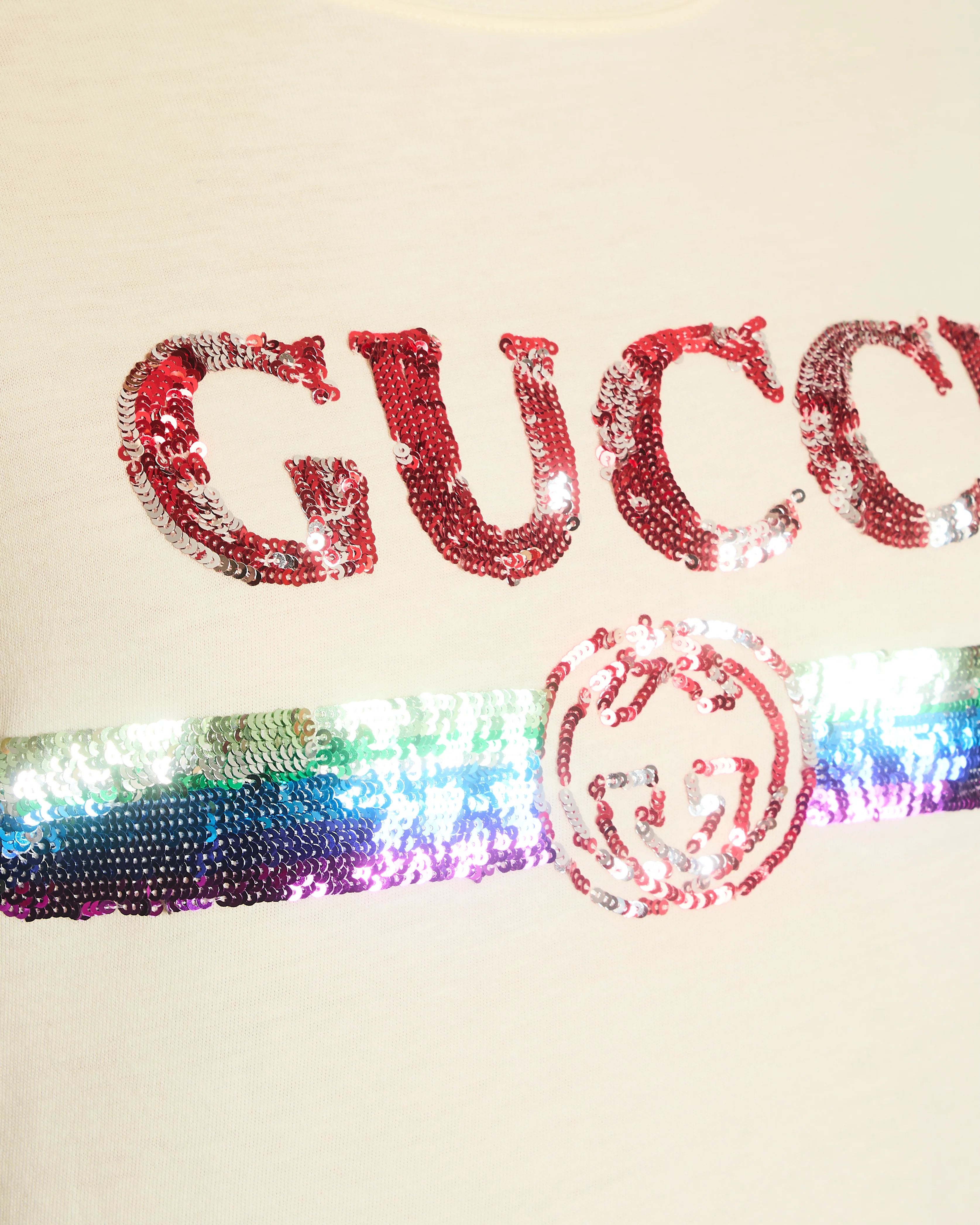 Gucci Cream Glitter Logo Embellished T-Shirt Size XS (UK 6) - Image 4