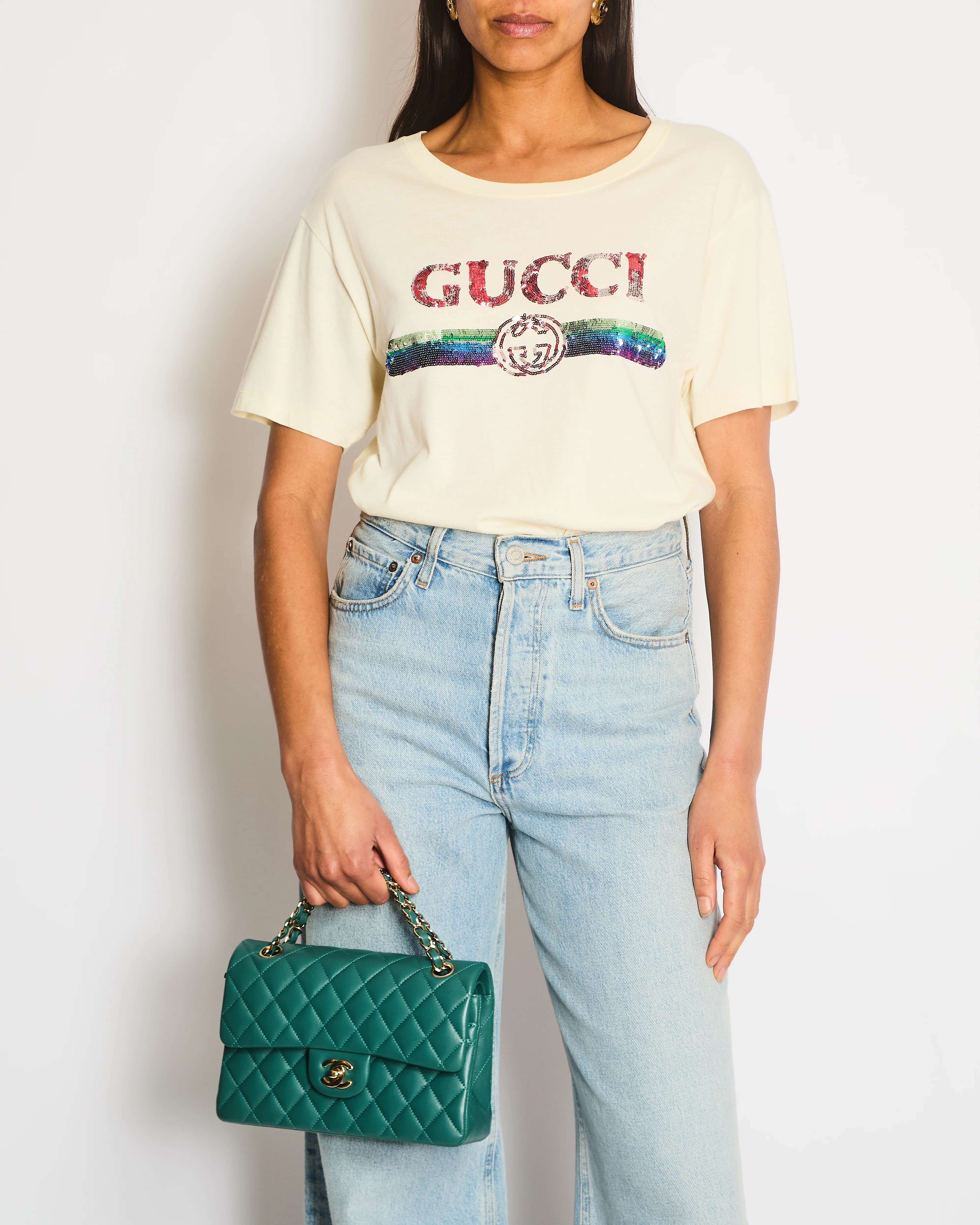 Gucci Cream Glitter Logo Embellished T-Shirt Size XS (UK 6) - Image 5