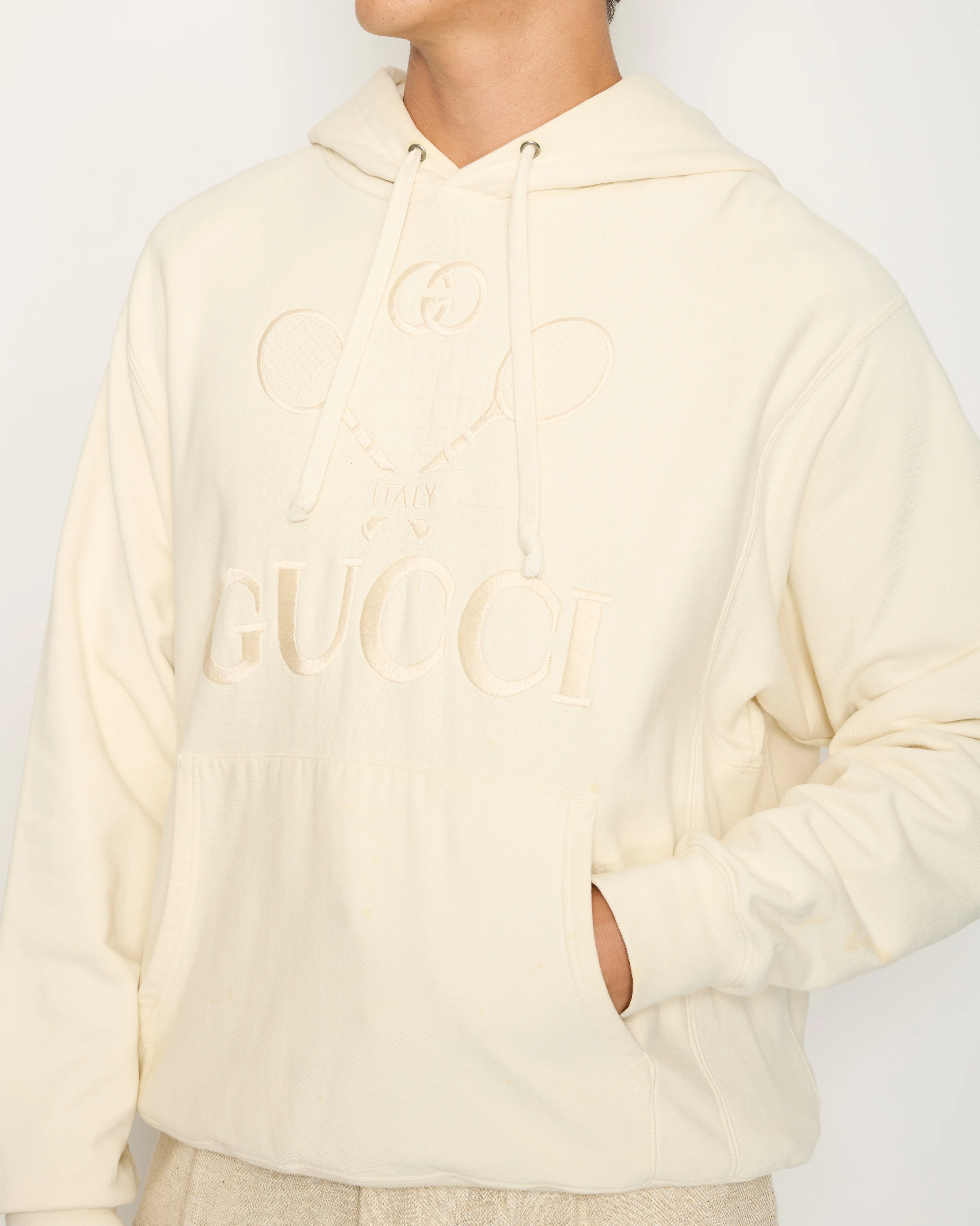 Gucci Cream Tennis Racket Embroidered Hoodie with Logo Detail Size IT 40 (UK 8) - Image 3