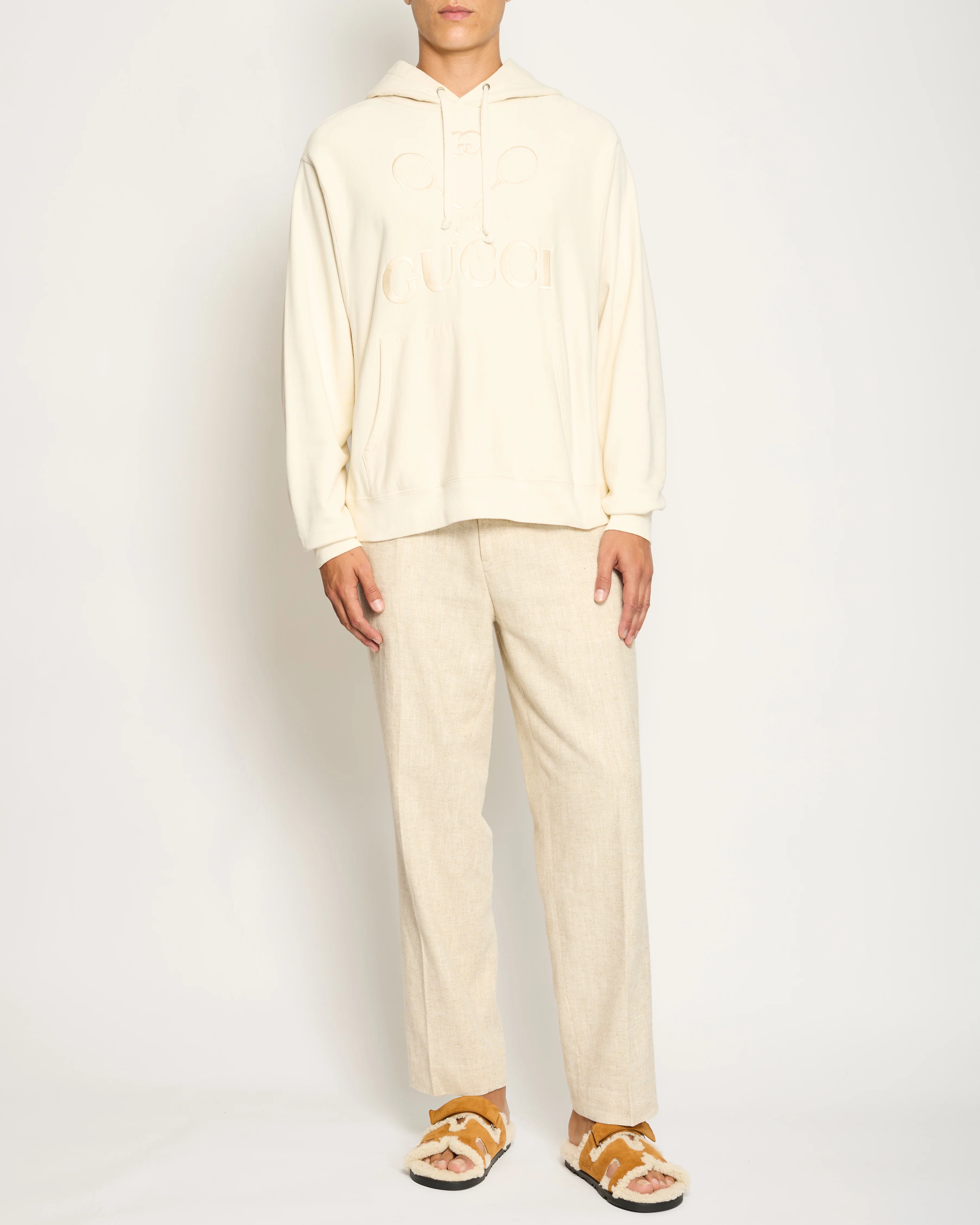 Gucci Cream Tennis Racket Embroidered Hoodie with Logo Detail Size IT 40 (UK 8) - Image 4
