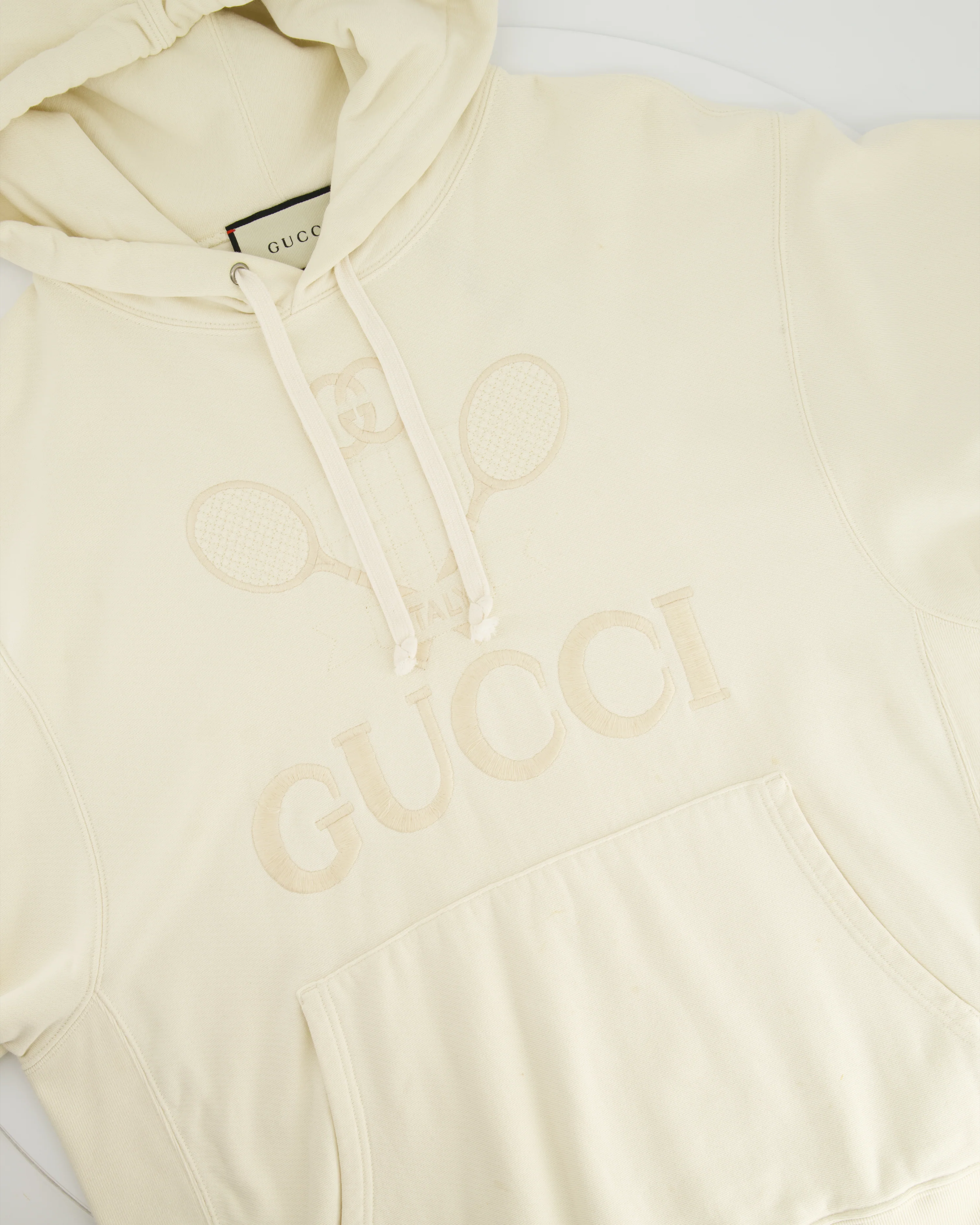 Gucci Cream Tennis Racket Embroidered Hoodie with Logo Detail Size IT 40 (UK 8) - Image 5