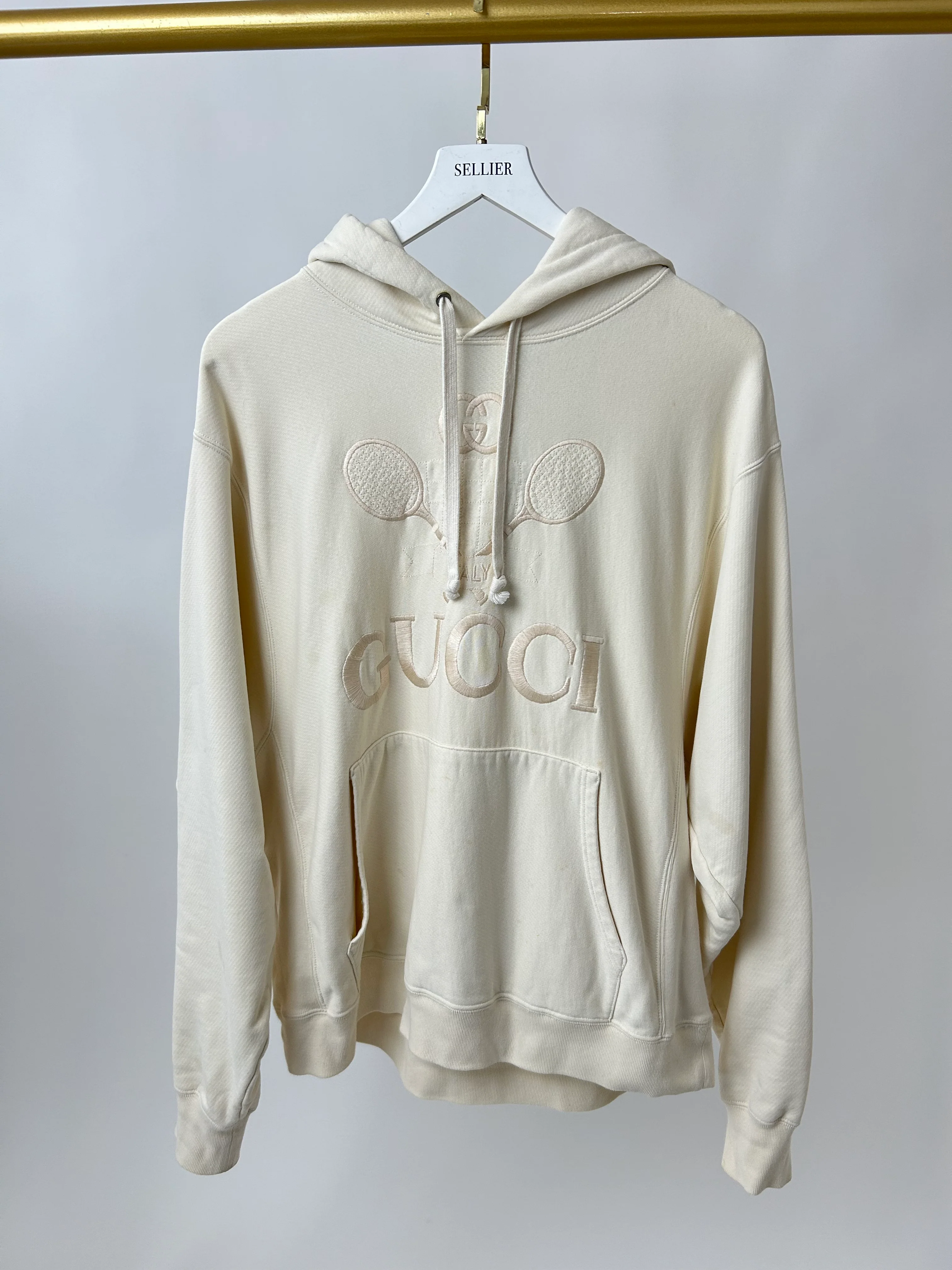 Gucci Cream Tennis Racket Embroidered Hoodie with Logo Detail Size IT 40 (UK 8) - Image 8