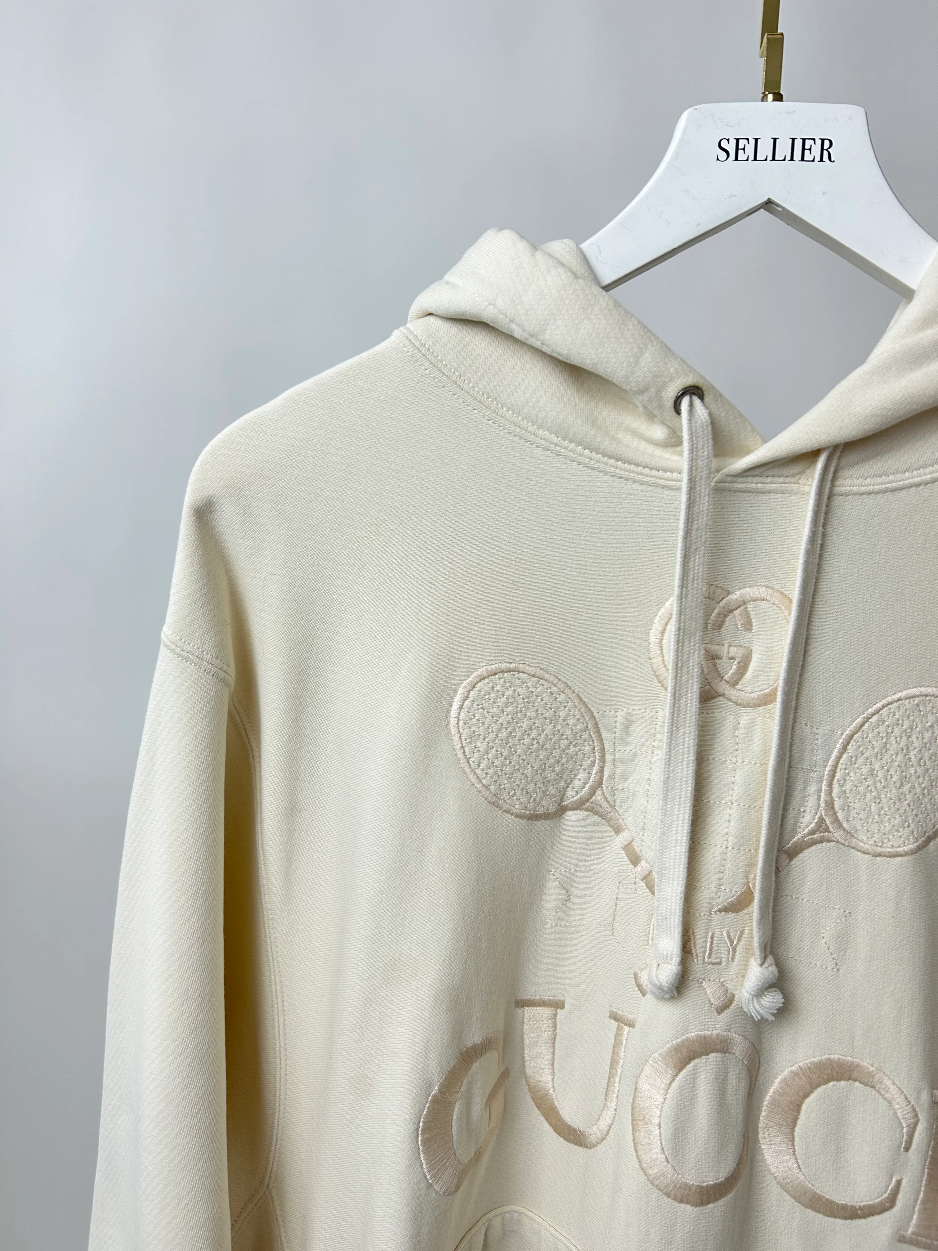 Gucci Cream Tennis Racket Embroidered Hoodie with Logo Detail Size IT 40 (UK 8) - Image 9