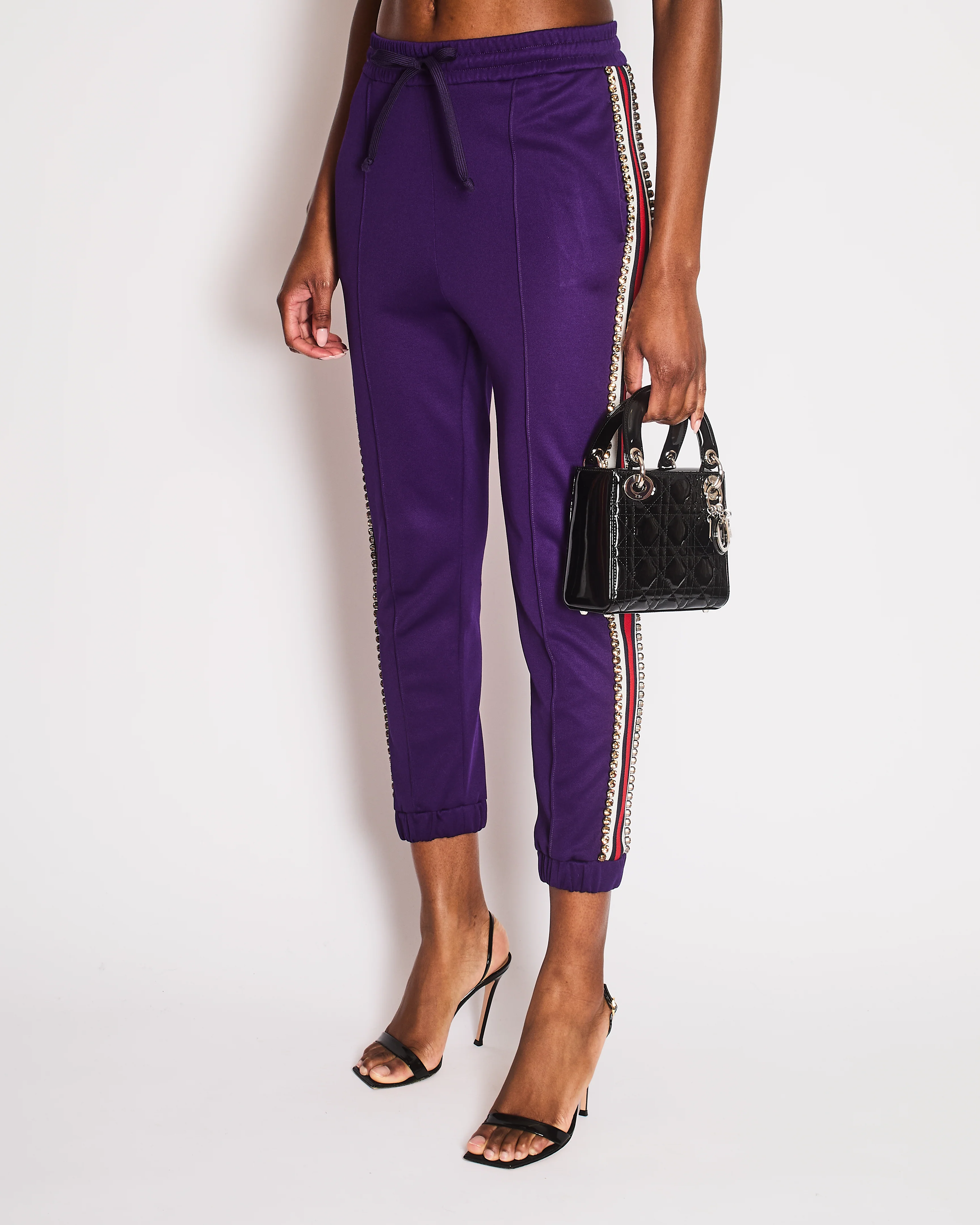 Gucci Purple Crystal Joggers with Red White and Navy Stripe Side Detail Size M (UK 10)