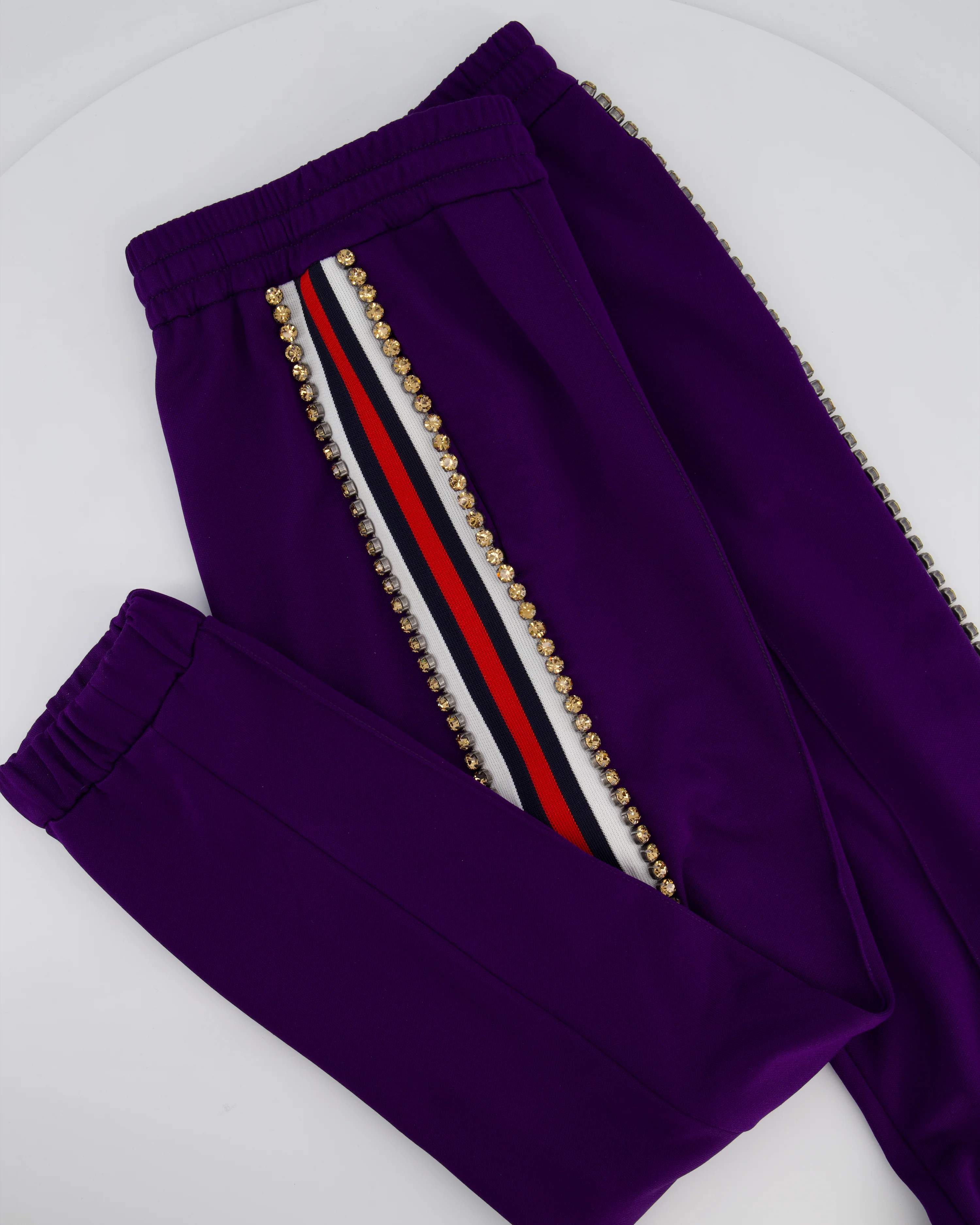 Gucci Purple Crystal Joggers with Red White and Navy Stripe Side Detail Size M (UK 10) - Image 10