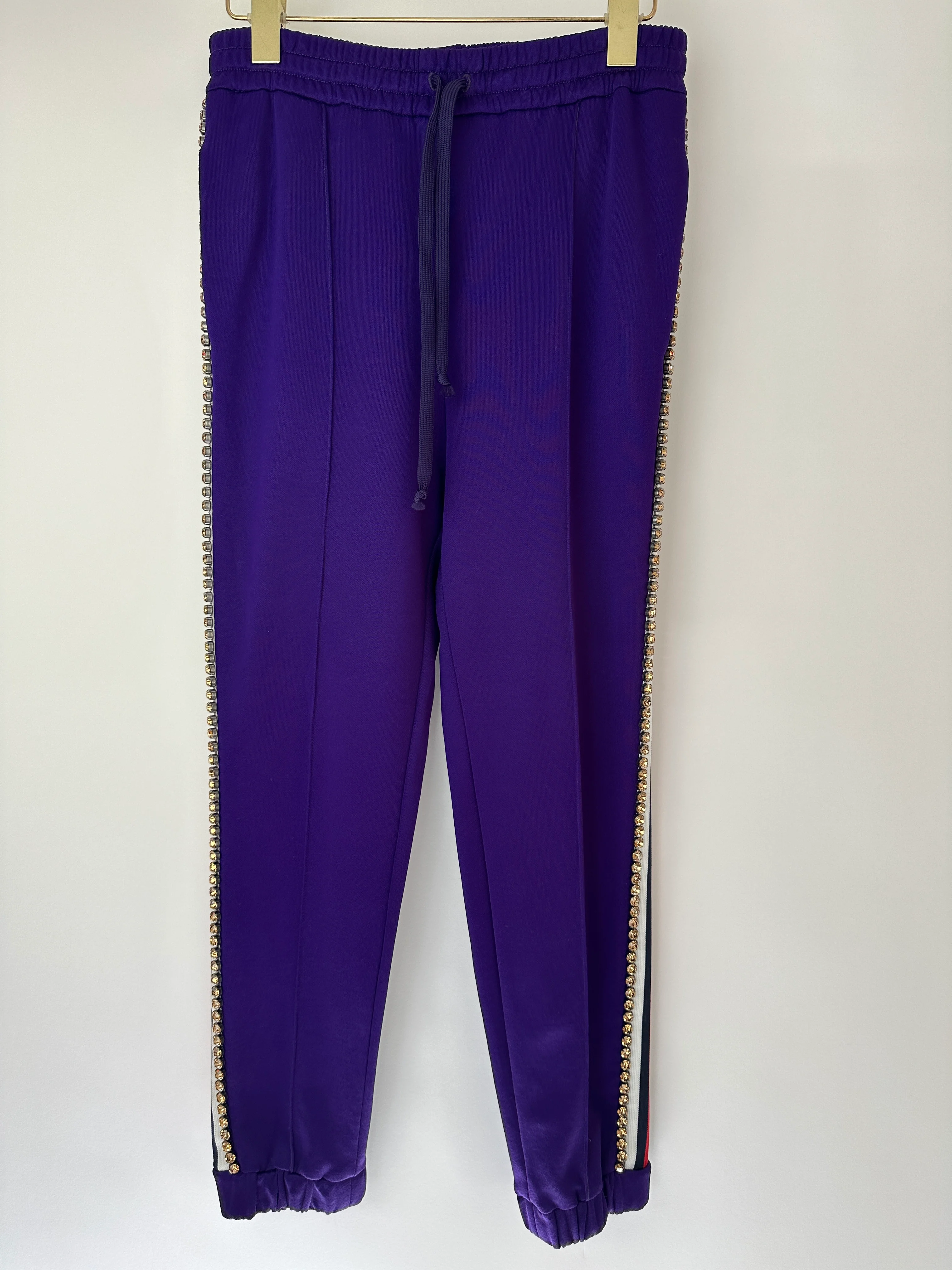 Gucci Purple Crystal Joggers with Red White and Navy Stripe Side Detail Size M (UK 10) - Image 12