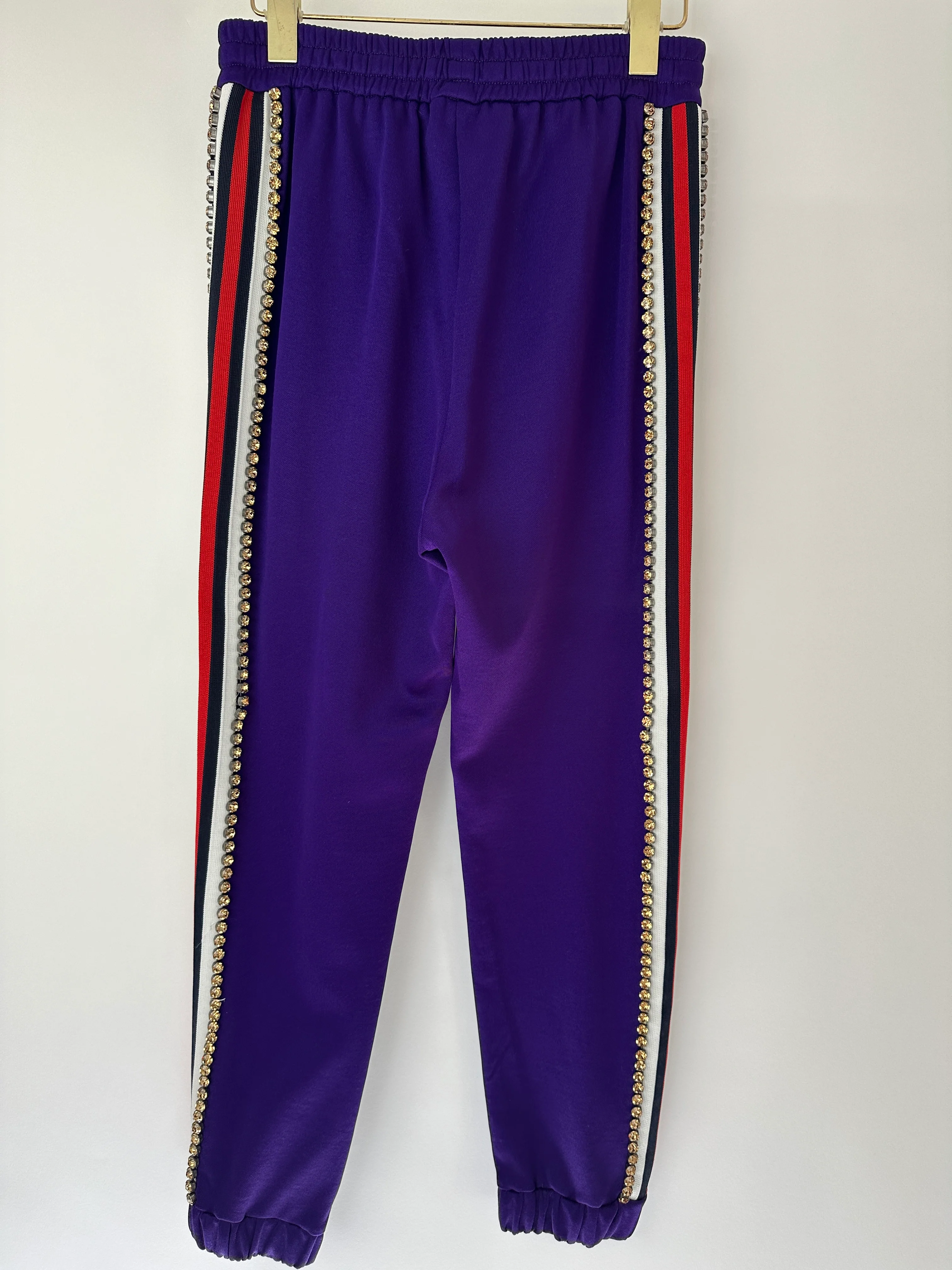 Gucci Purple Crystal Joggers with Red White and Navy Stripe Side Detail Size M (UK 10) - Image 13