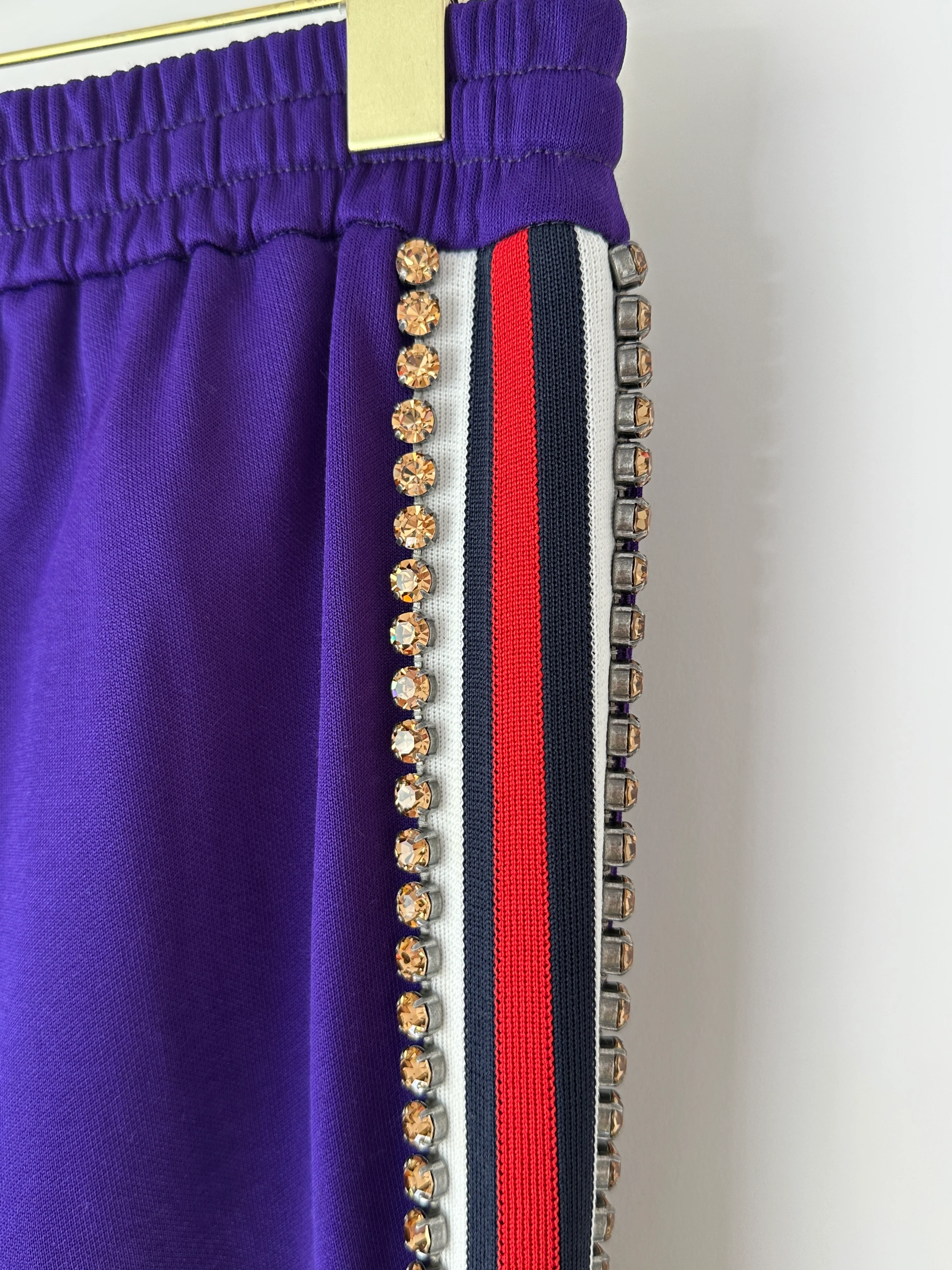 Gucci Purple Crystal Joggers with Red White and Navy Stripe Side Detail Size M (UK 10) - Image 14