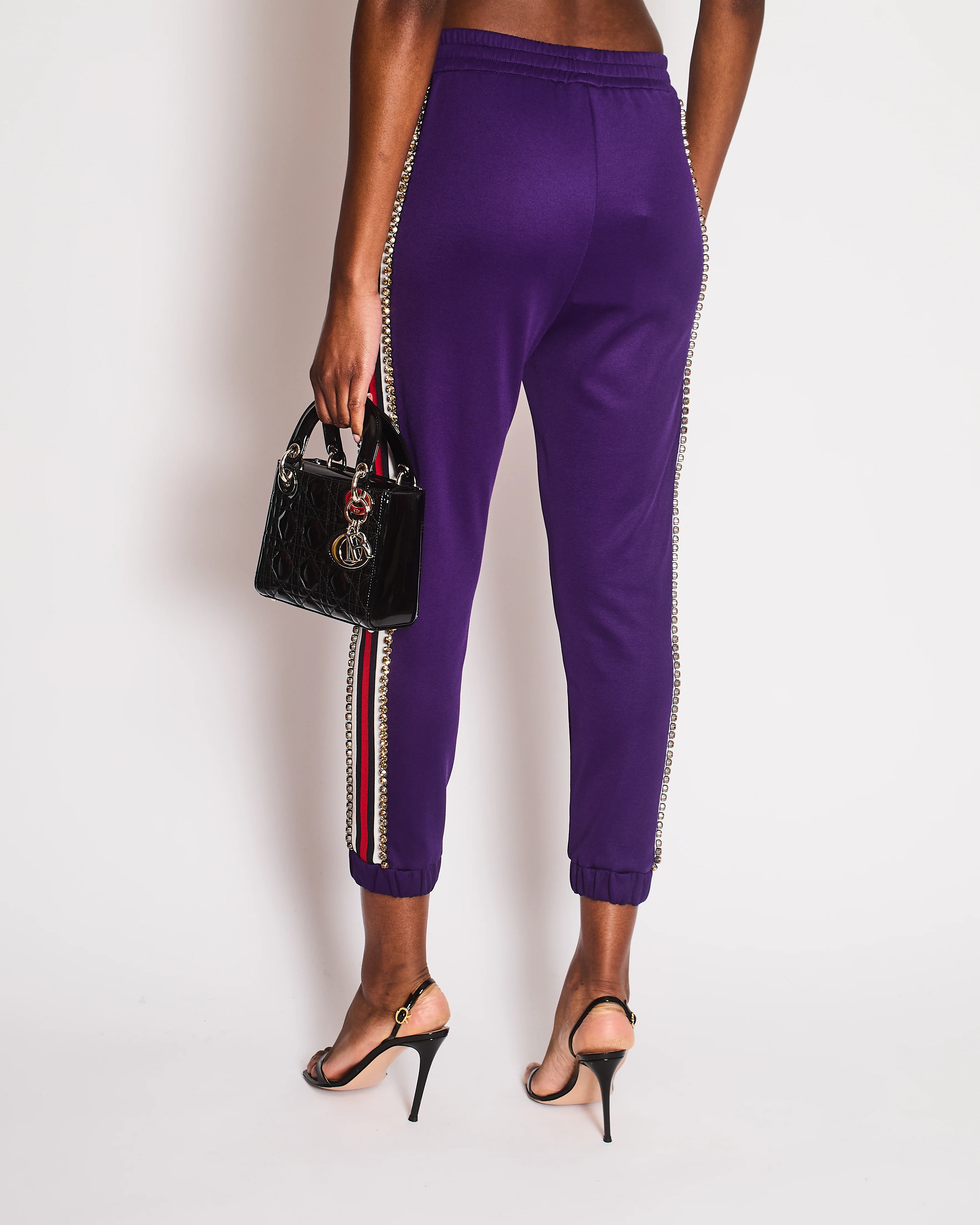 Gucci Purple Crystal Joggers with Red White and Navy Stripe Side Detail Size M (UK 10) - Image 2