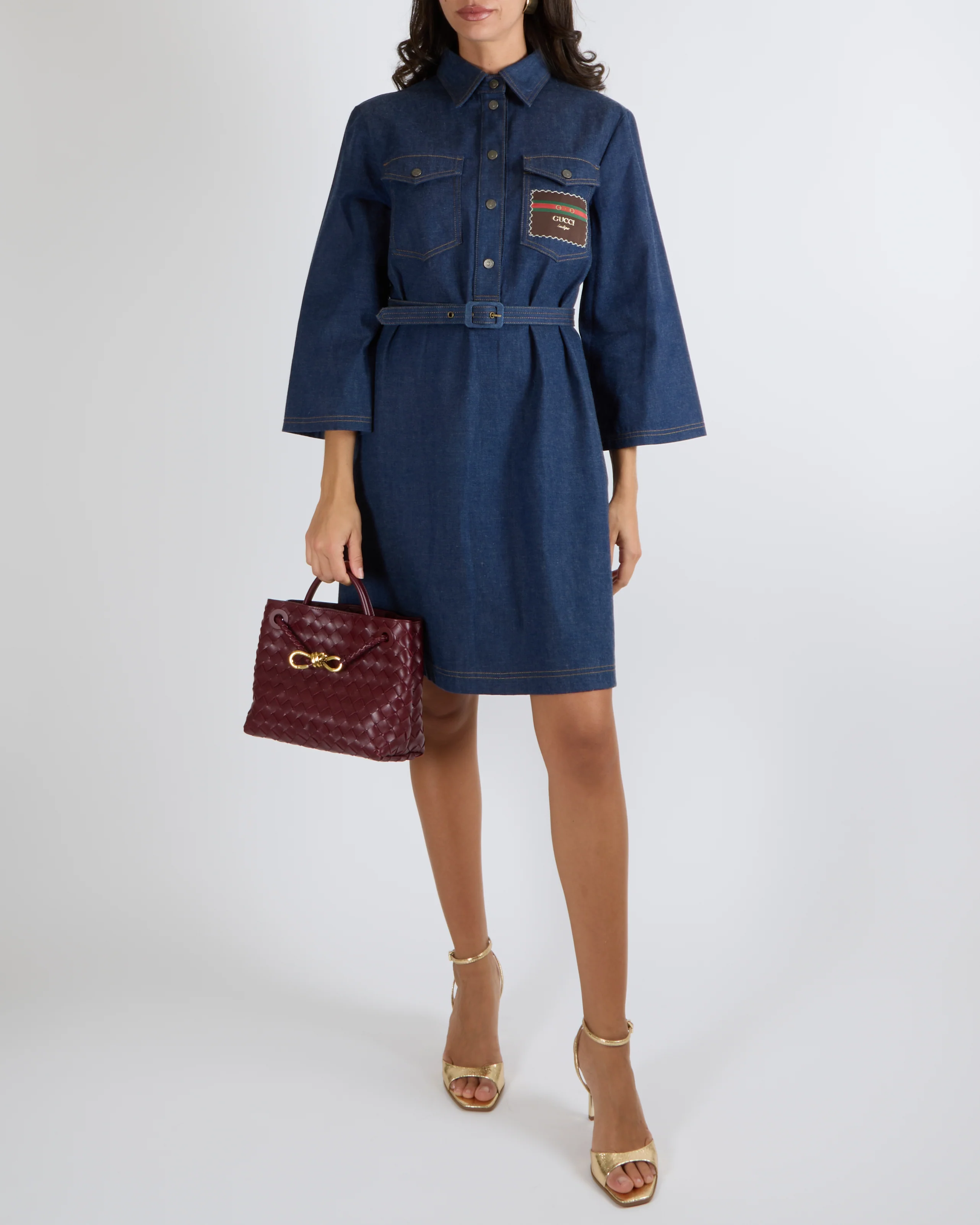 Gucci Dark Blue Denim Long-Sleeved Belted Mini Dress with Silver Logo Buttons and Front Logo Patch Size IT 44 (UK 12)