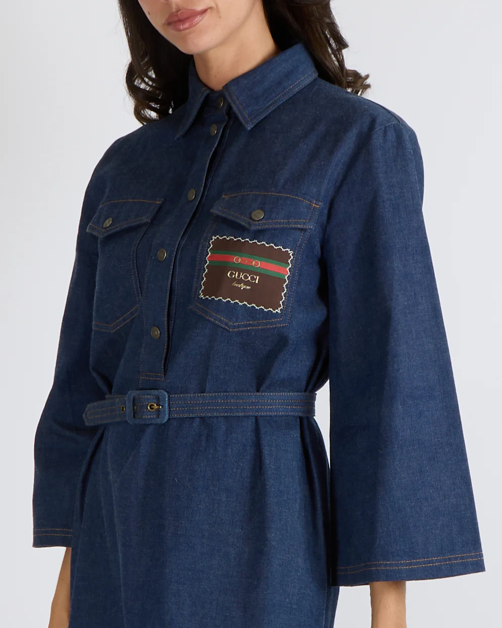 Gucci Dark Blue Denim Long-Sleeved Belted Mini Dress with Silver Logo Buttons and Front Logo Patch Size IT 44 (UK 12) - Image 2
