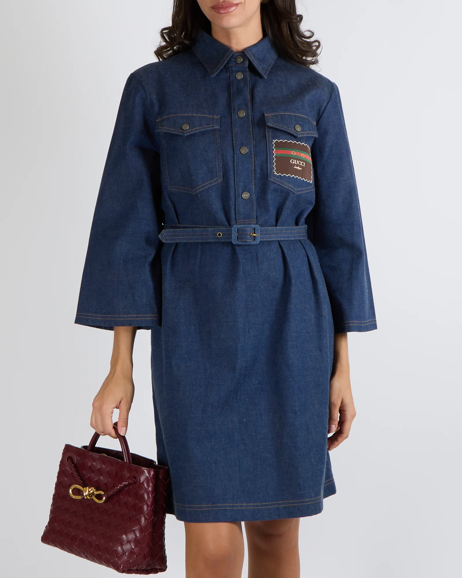 Gucci Dark Blue Denim Long-Sleeved Belted Mini Dress with Silver Logo Buttons and Front Logo Patch Size IT 44 (UK 12) - Image 4
