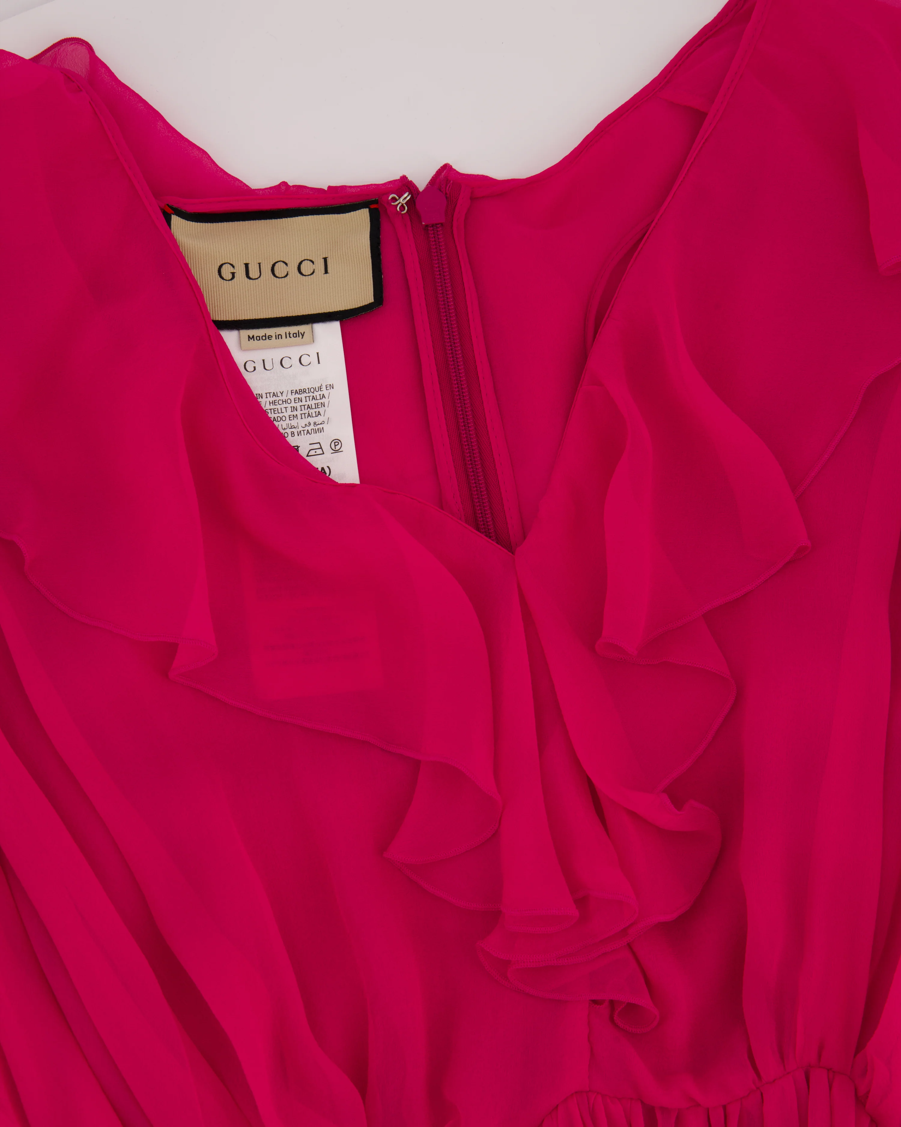 Gucci Fuchsia Silk Long Sleeve Midi Dress with V-Neck and Frill Detail Size IT 46 (UK 14) - Image 8