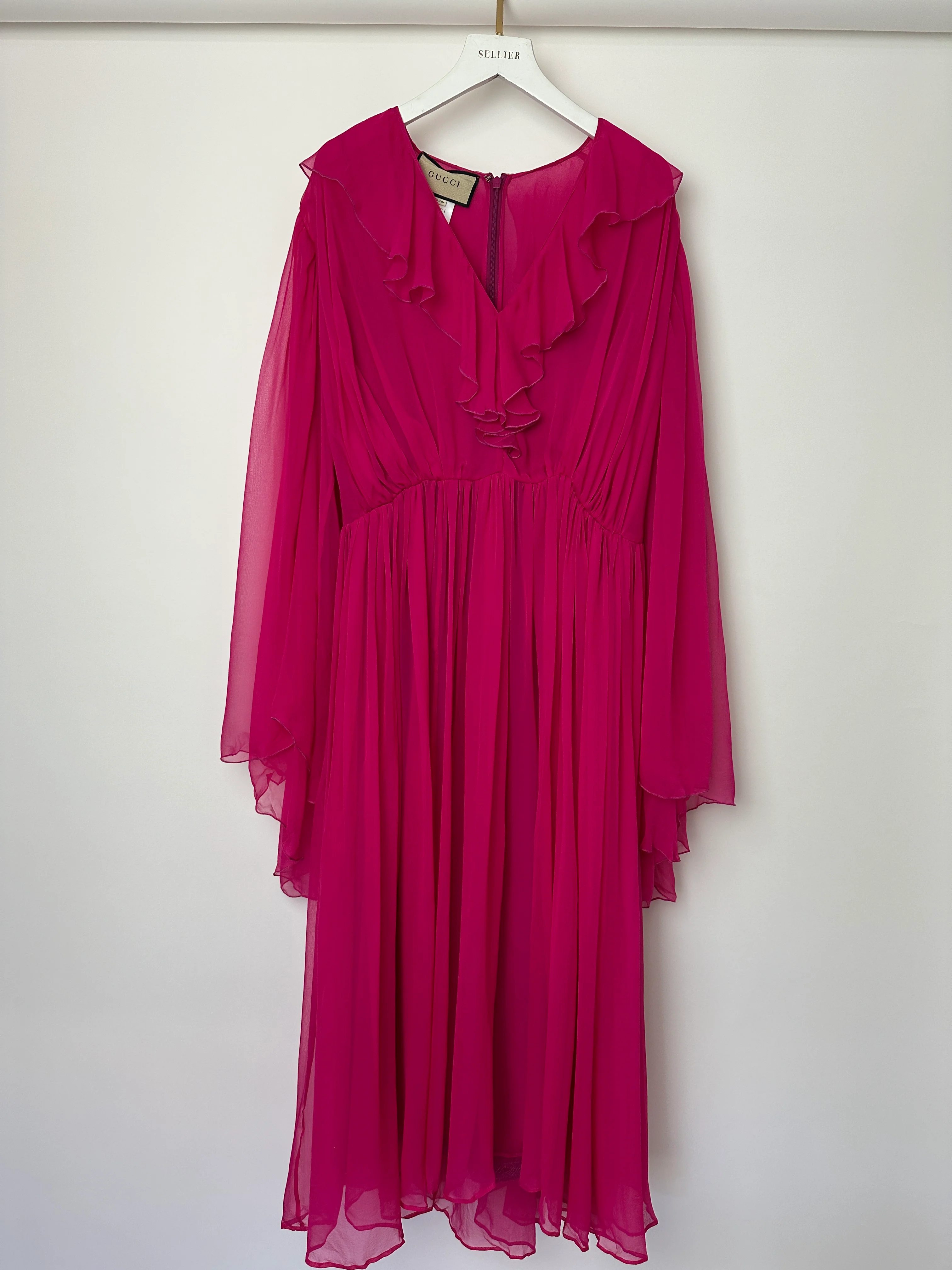 Gucci Fuchsia Silk Long Sleeve Midi Dress with V-Neck and Frill Detail Size IT 46 (UK 14) - Image 9