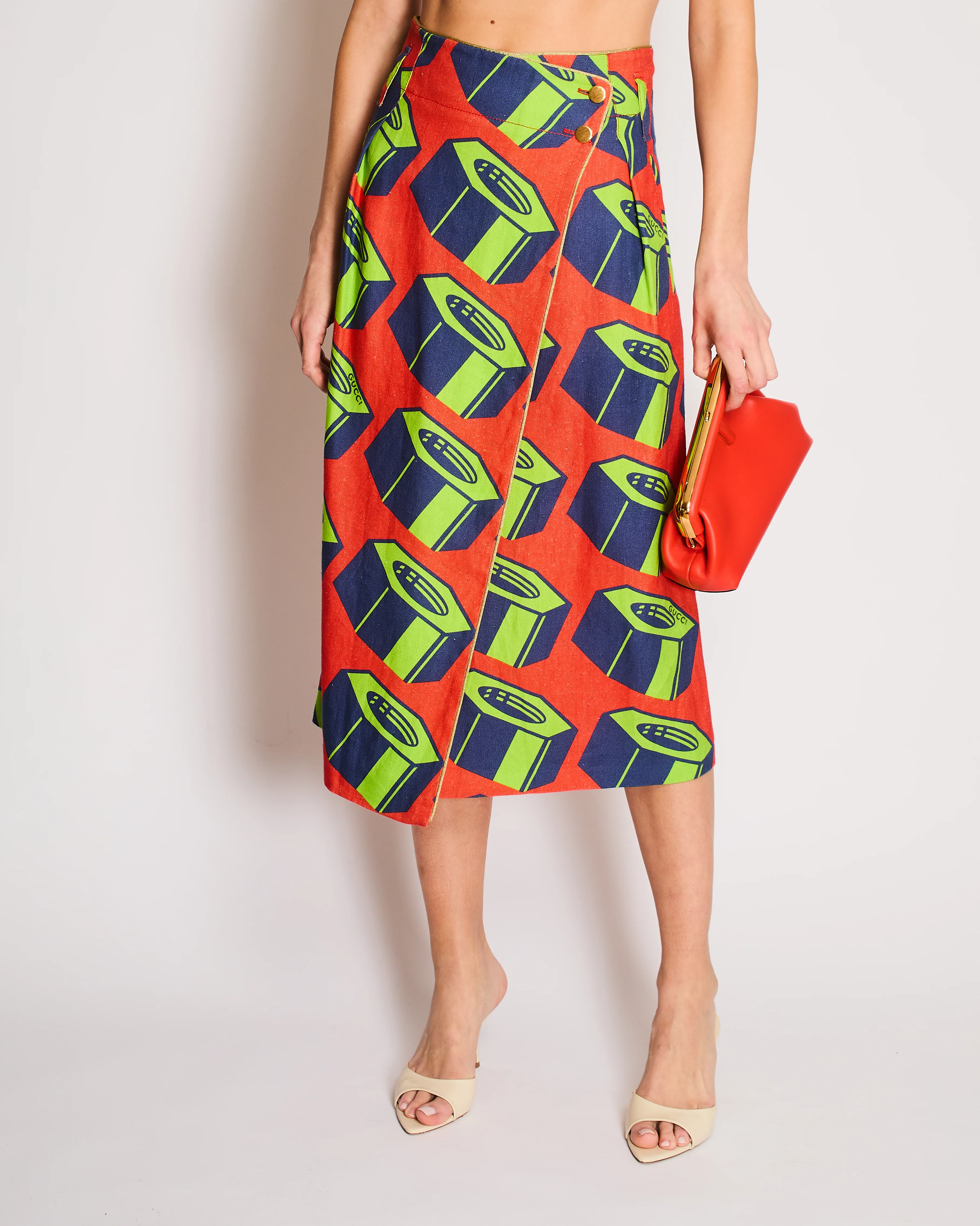 Gucci Orange, Green Graphic Printed Skirt with Geometric Pattern Details and Gold Buttons Size IT 40 (UK 8) - Image 2