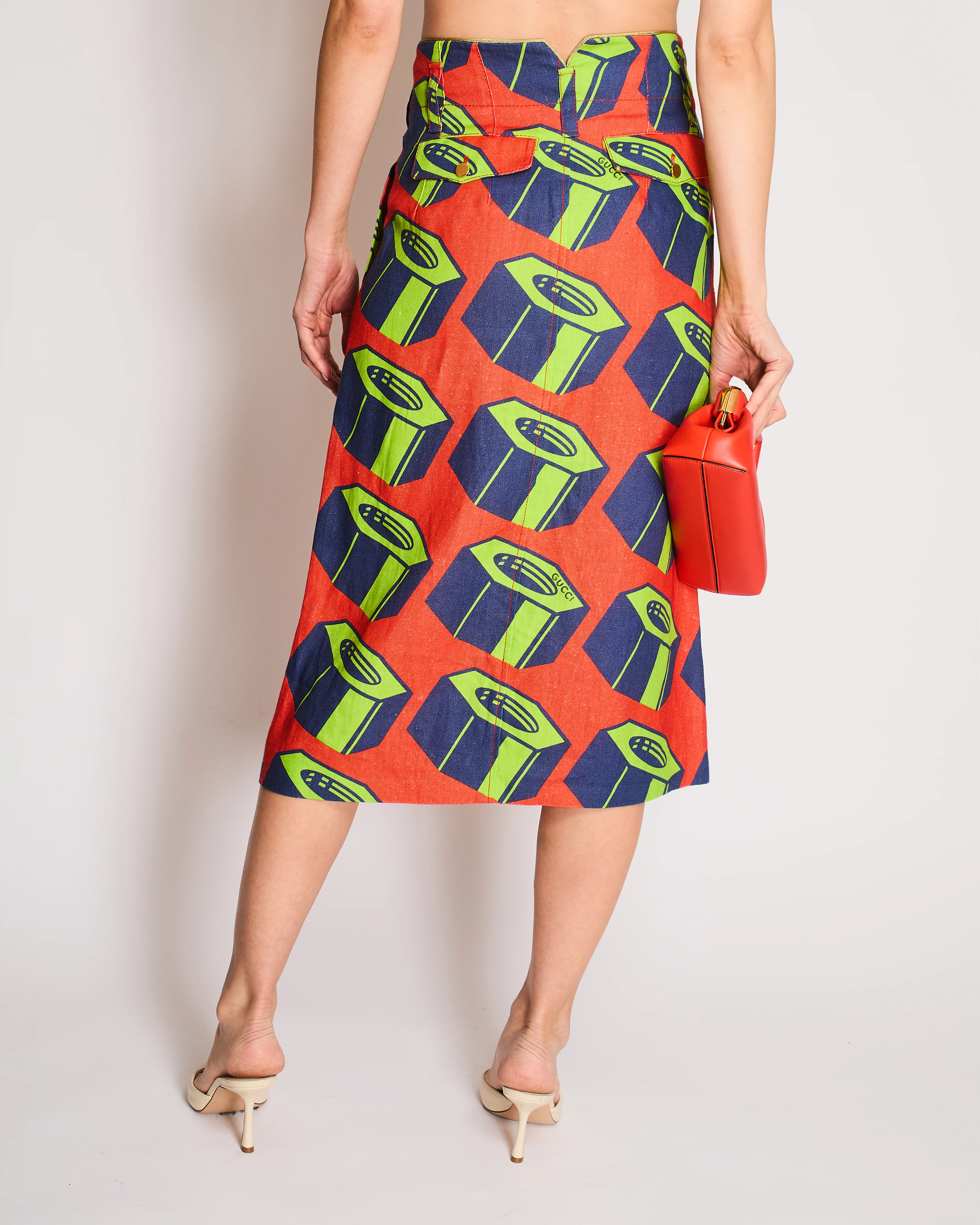 Gucci Orange, Green Graphic Printed Skirt with Geometric Pattern Details and Gold Buttons Size IT 40 (UK 8) - Image 3