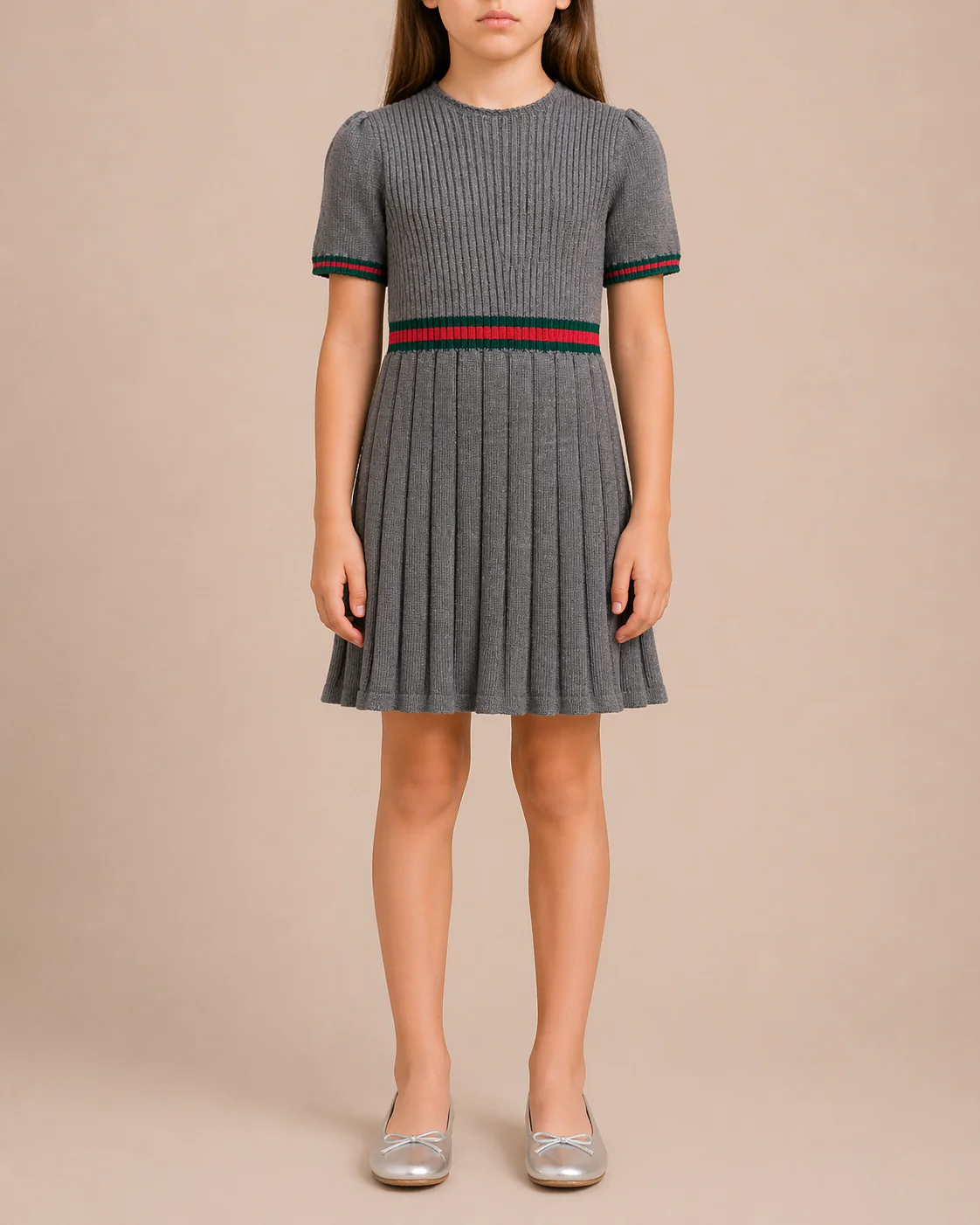Gucci Kids Grey Knit Short-Sleeve Dress with Green and Red Band Details Size 8 years RRP £500