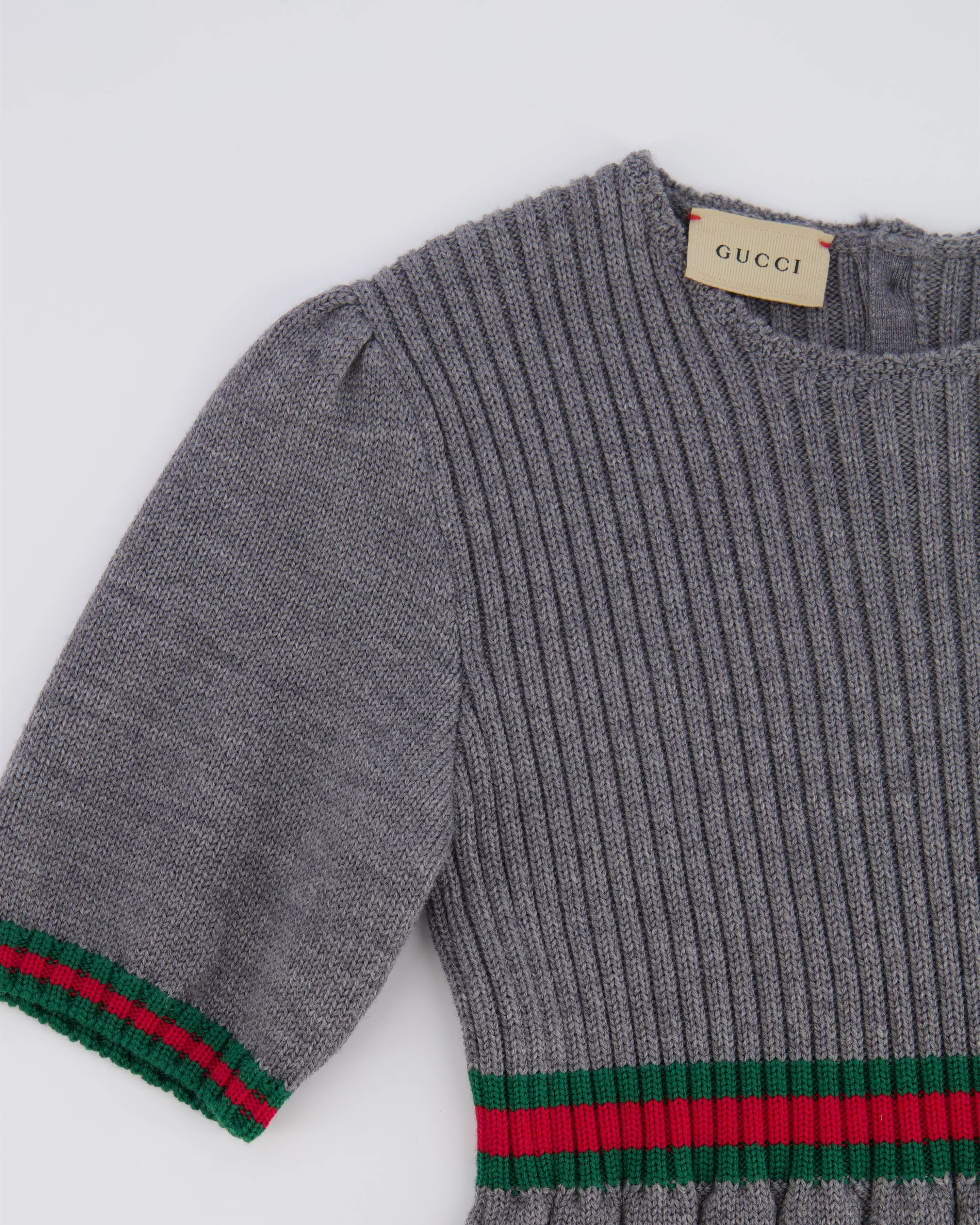 Gucci Kids Grey Knit Short-Sleeve Dress with Green and Red Band Details Size 8 years RRP £500 - Image 3