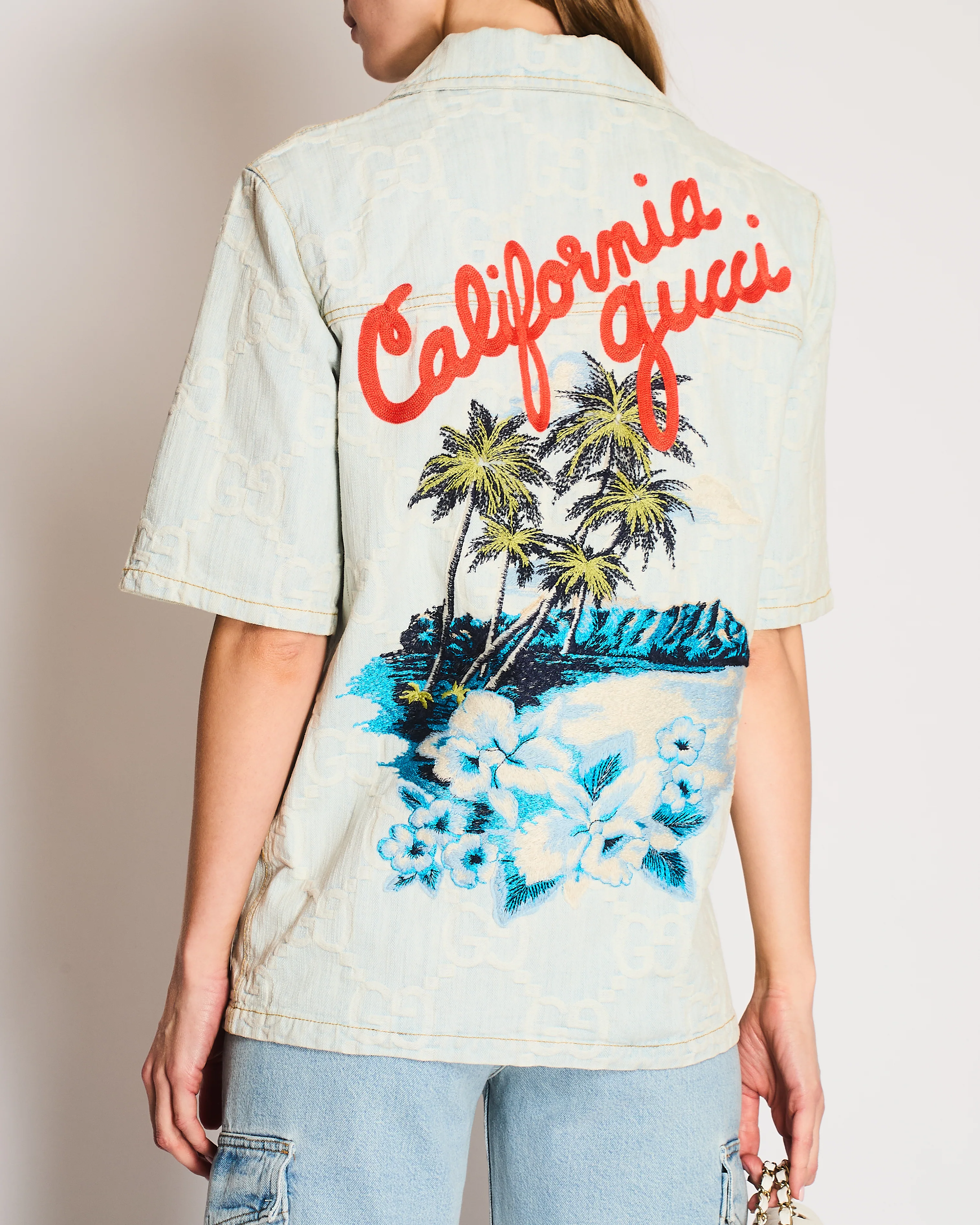 Gucci Light Blue Short Sleeve Denim Jacket with Logo Print California Gucci Embroidery Size IT 38 (UK 6) - Image 2