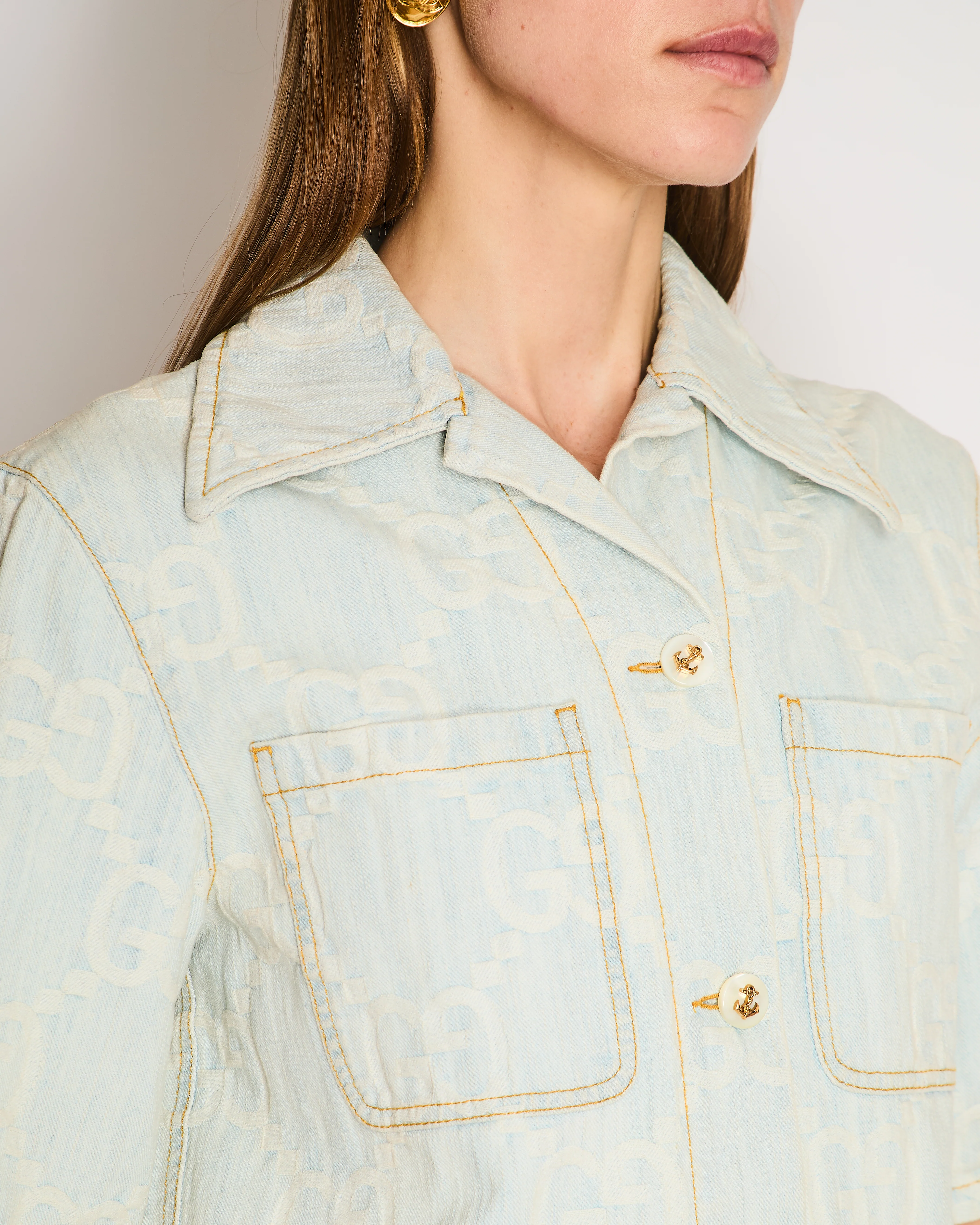 Gucci Light Blue Short Sleeve Denim Jacket with Logo Print California Gucci Embroidery Size IT 38 (UK 6) - Image 4