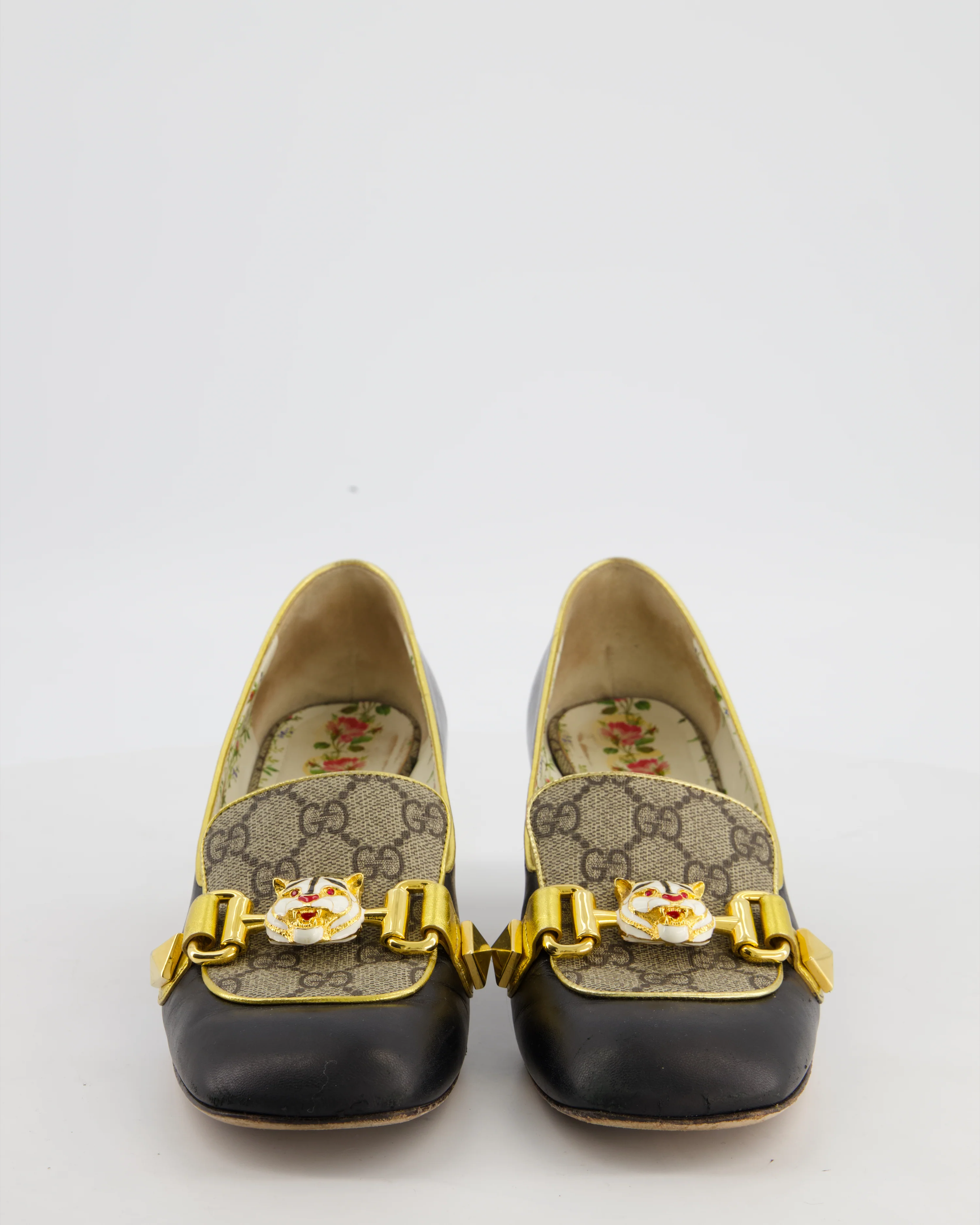 Gucci Malaga Black Leather Pumps with Tiger Head Buckle and GG Supreme Canvas Detail Size EU 38 - Image 4