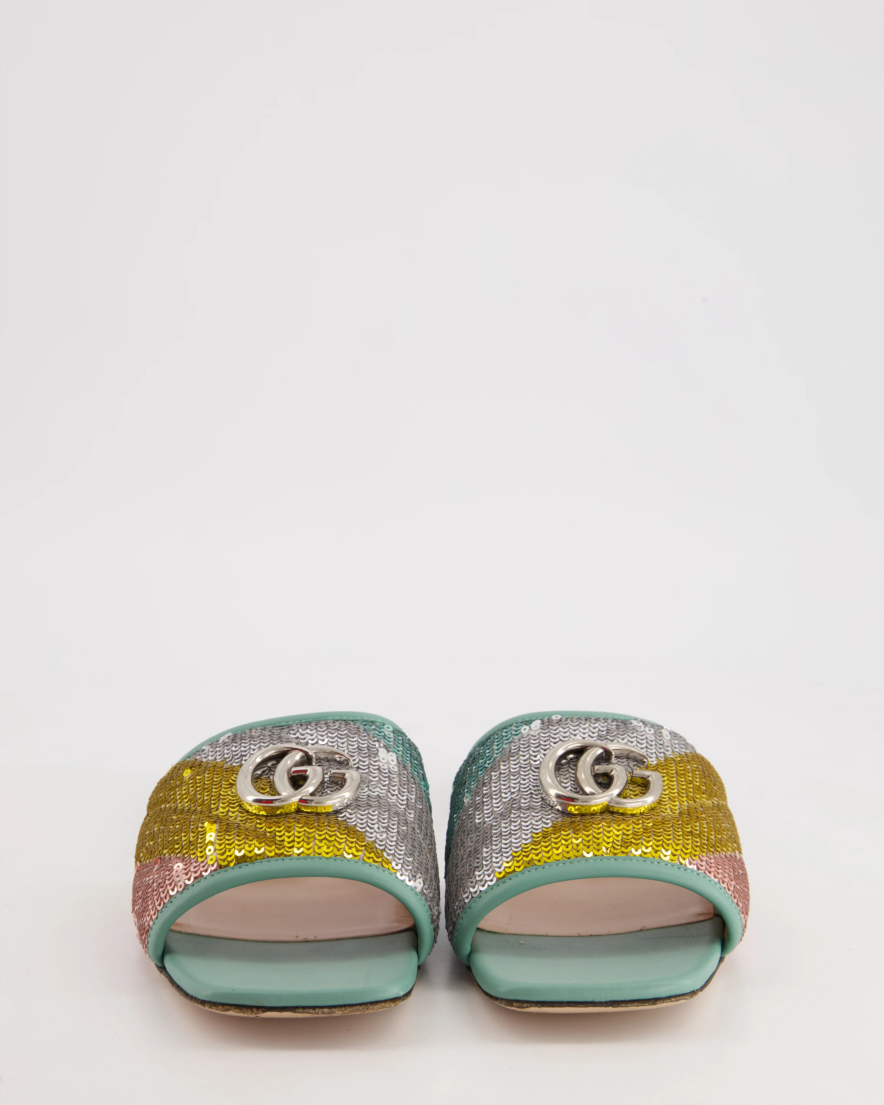 Gucci Multi-Colour Sequin and Turquoise Leather GG Marmont Flats Sandals with GG Logo Detail Size EU 39 - Image 3