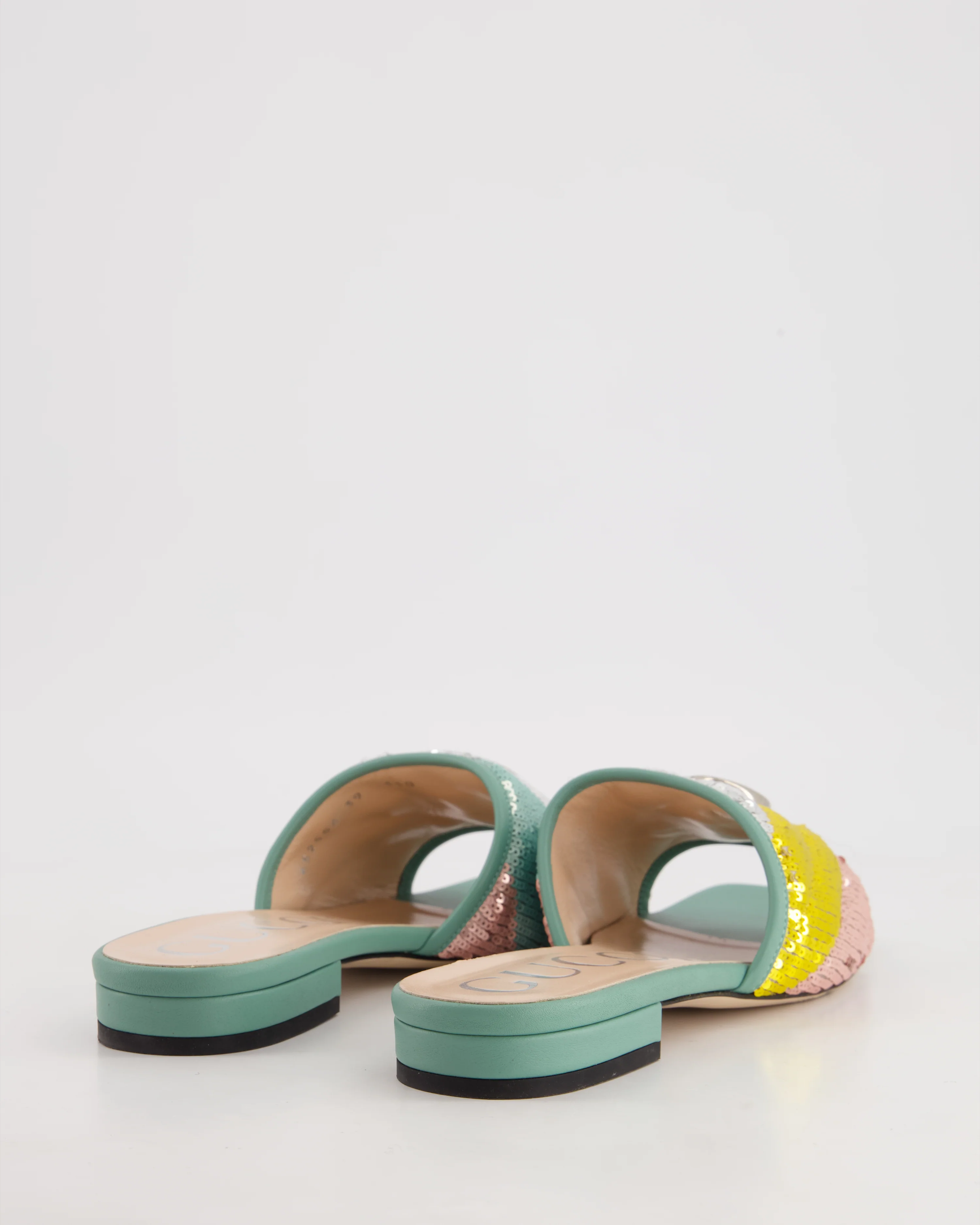 Gucci Multi-Colour Sequin and Turquoise Leather GG Marmont Flats Sandals with GG Logo Detail Size EU 39 - Image 4