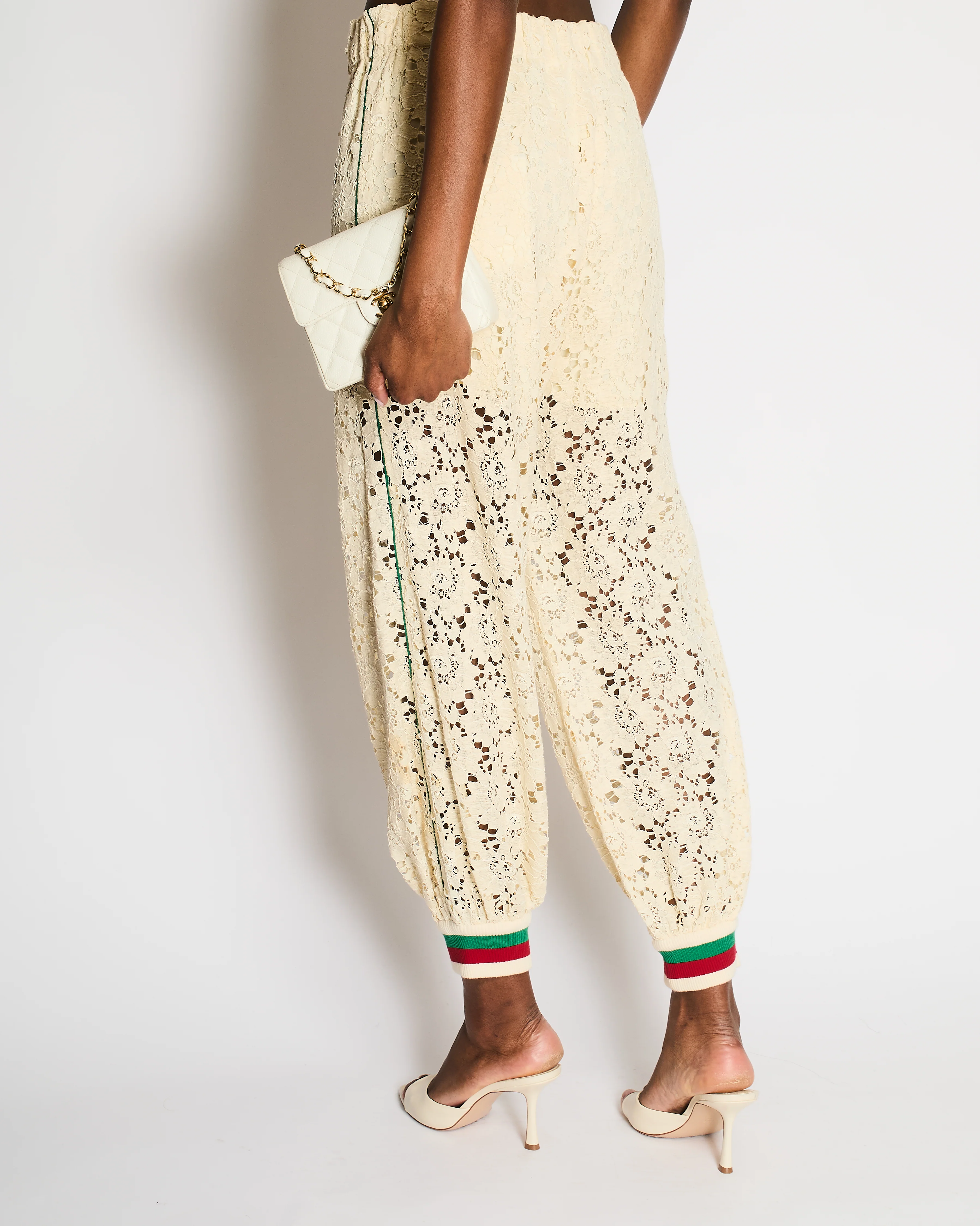 Gucci Cream Lace Joggers with Red and Green Striped Detail Size IT 44 (UK 12) - Image 2