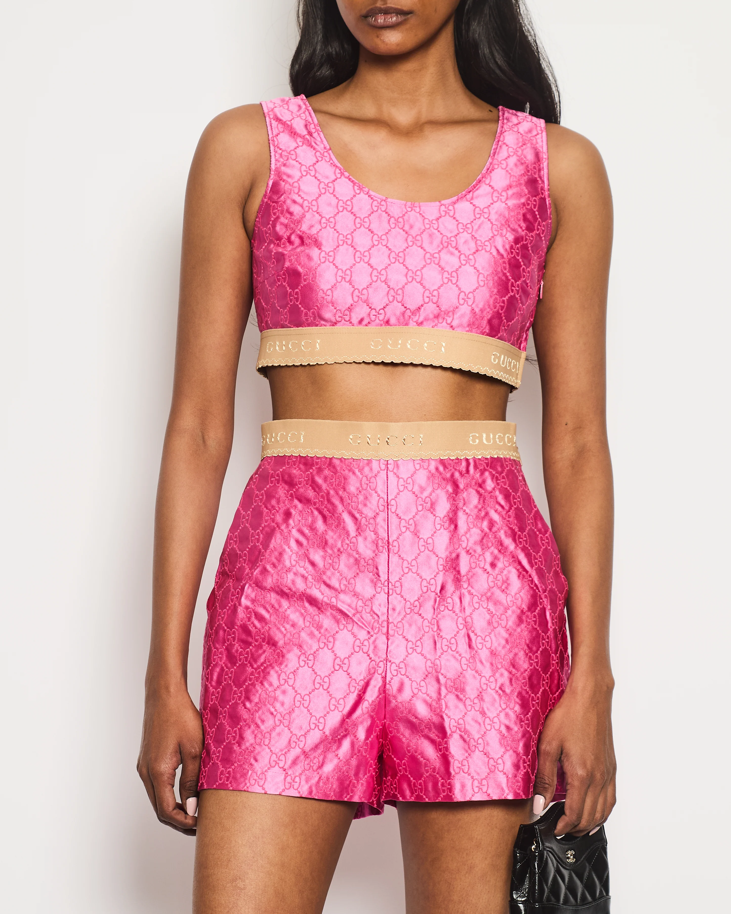 Gucci Pink Silk Monogram Top Shorts Set with Beige Logo Elasticated Detail Size IT 38 (UK 6)