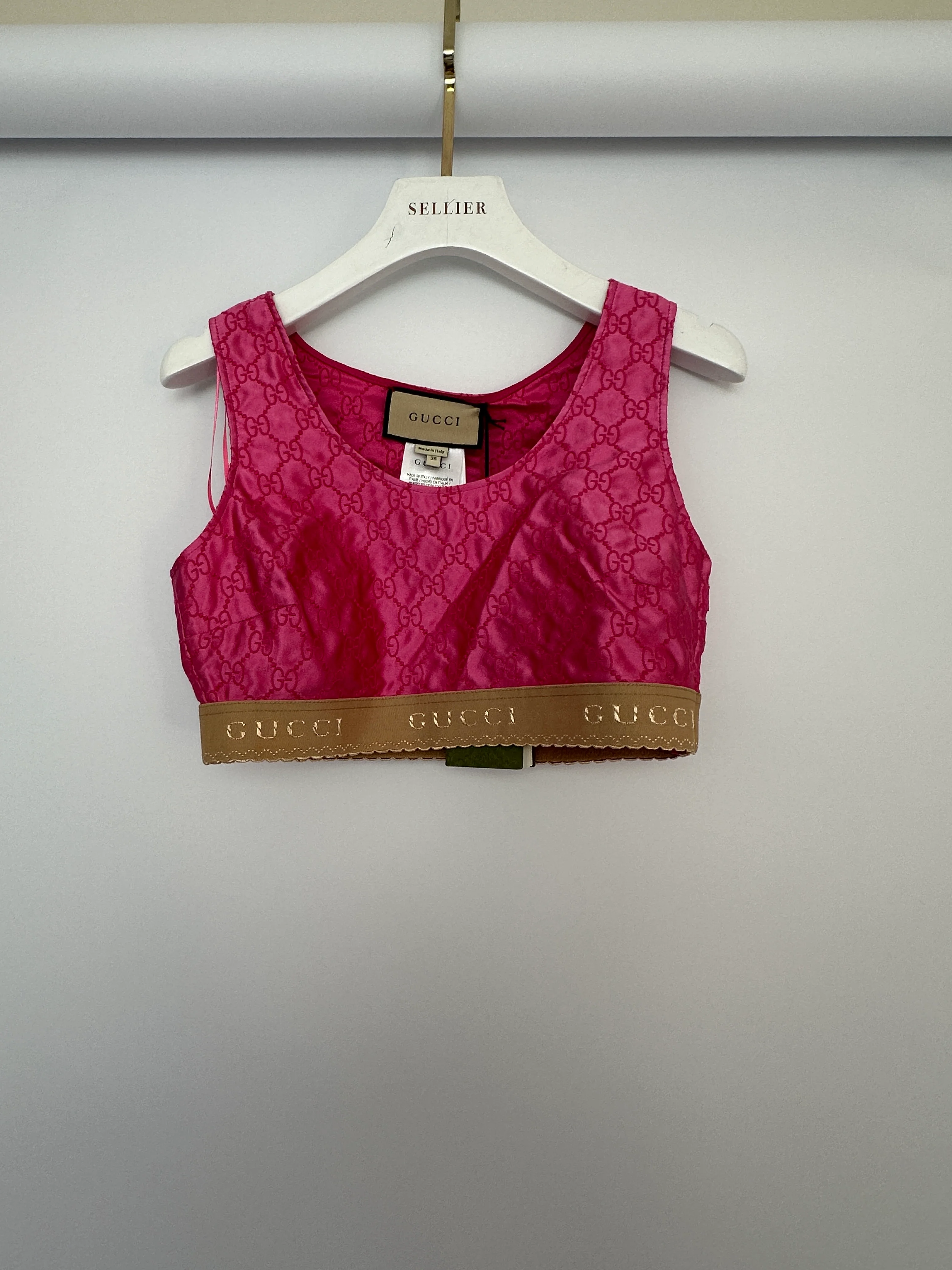 Gucci Pink Silk Monogram Top Shorts Set with Beige Logo Elasticated Detail Size IT 38 (UK 6) - Image 12