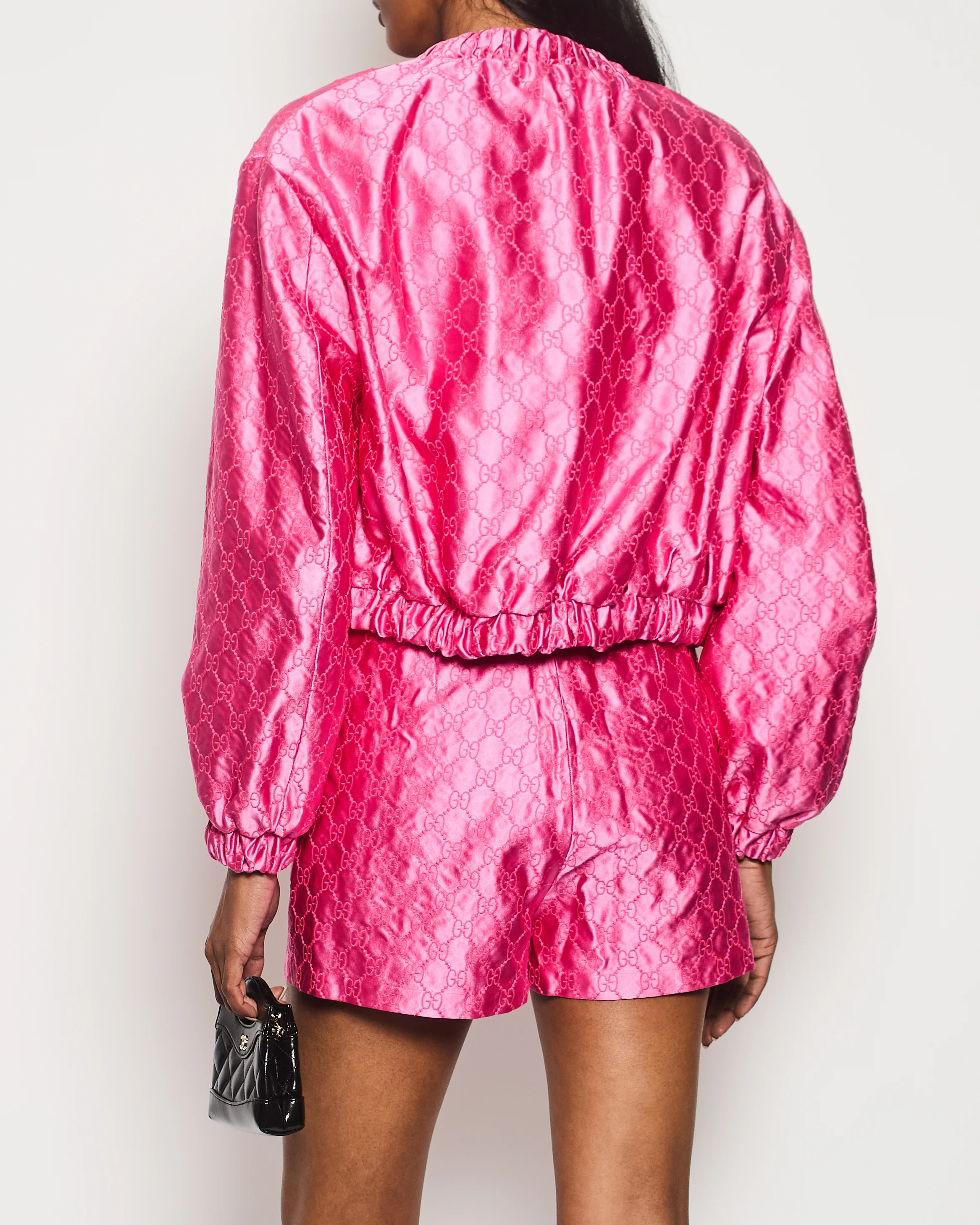 Gucci Pink Silk Monogram Top Shorts Set with Beige Logo Elasticated Detail Size IT 38 (UK 6) - Image 3