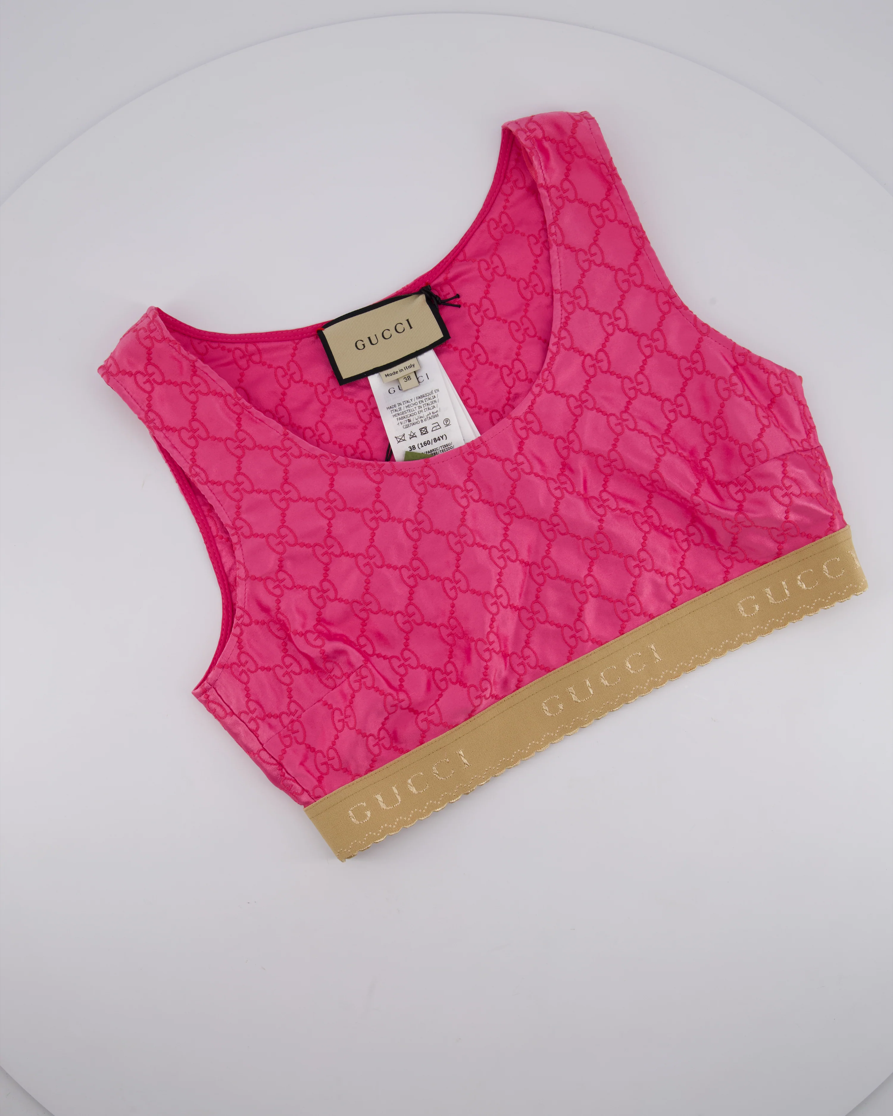 Gucci Pink Silk Monogram Top Shorts Set with Beige Logo Elasticated Detail Size IT 38 (UK 6) - Image 4
